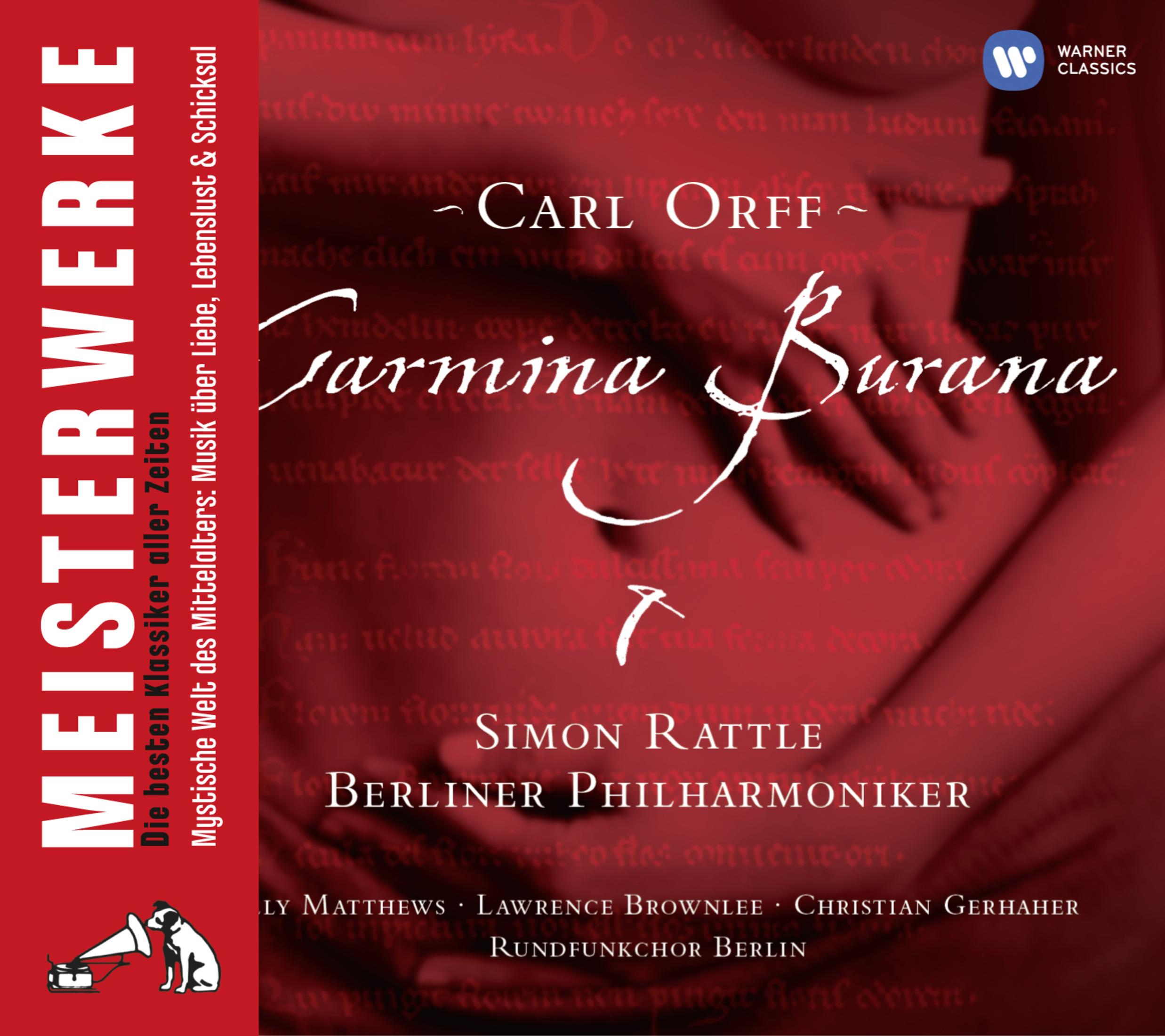 Okładka albumu z tekstem 'Carmina Burana' Carla Orffa, z klasycznym obrazem i tekstem.