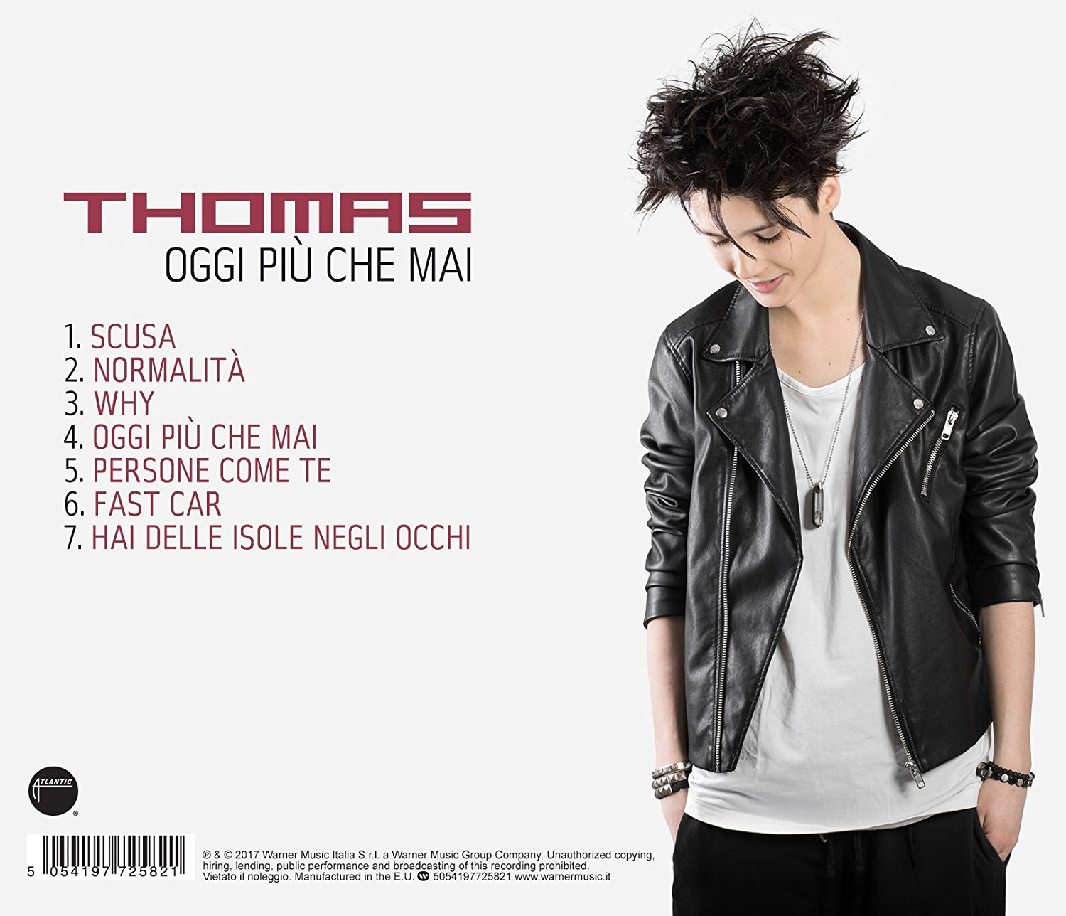 Couverture d'album avec l'artiste 'Thomas' et le titre 'Oggi Più Che Mai'. L'artiste est vu avec une veste noire.