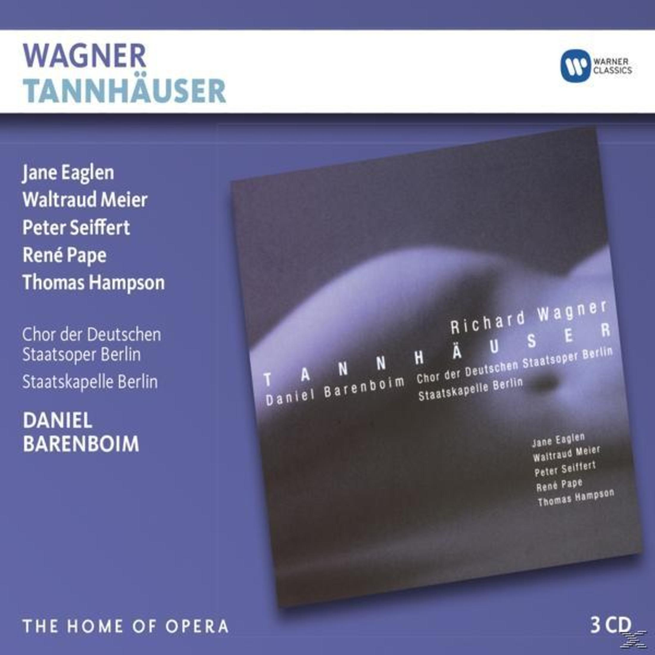 Pochette de CD avec texte sur l'opéra Tannhäuser de Richard Wagner, noms et logo Warner Classics.