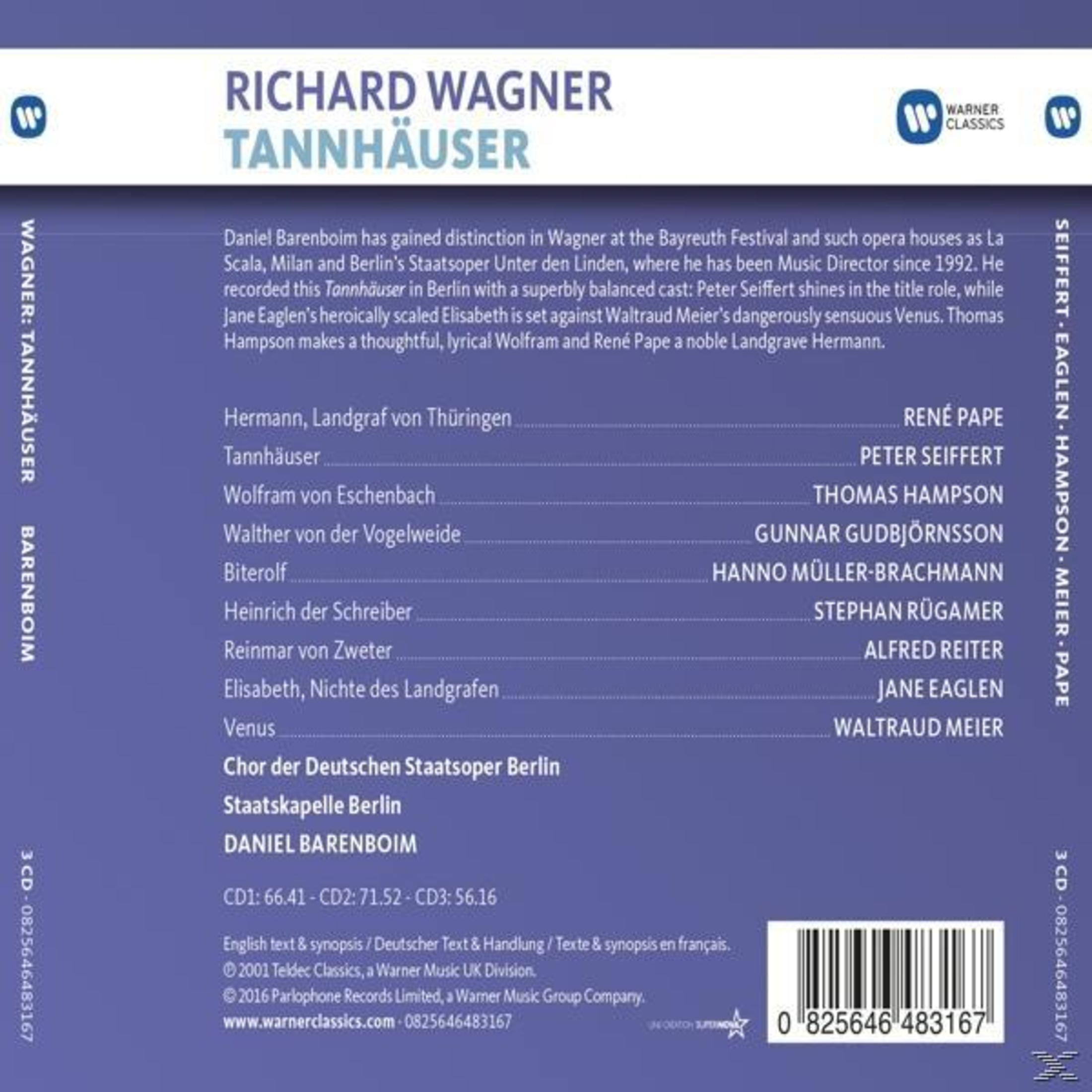 Pochette de CD avec texte sur l'opéra Tannhäuser de Richard Wagner, noms et logo Warner Classics.