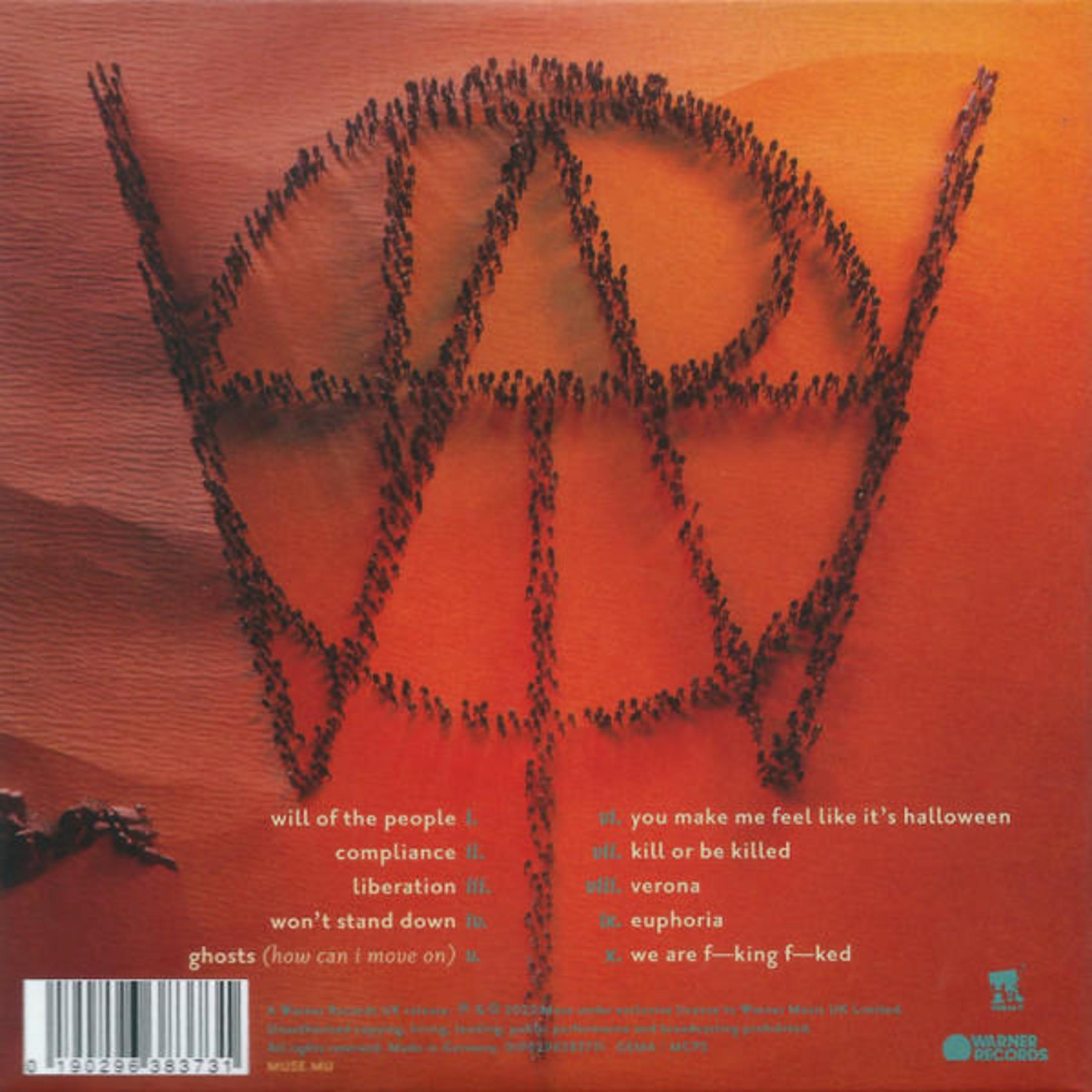 Retro dell'album 'Will of the People'. Testo: tracklist e una folla che forma il logo della band Muse.