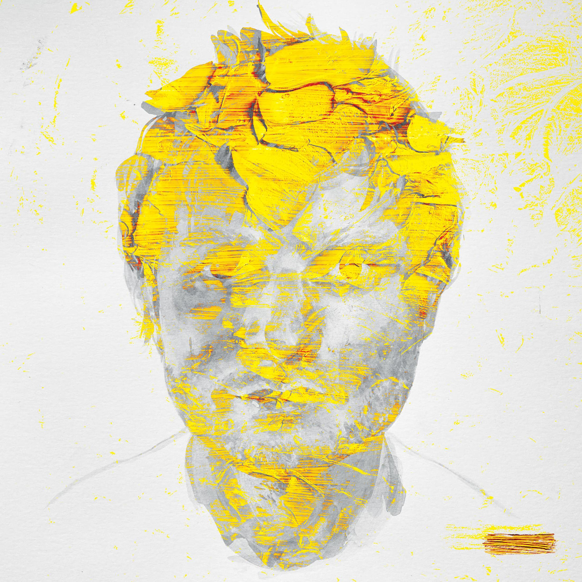 Portrait abstrait d'Ed Sheeran en jaunes et gris sur fond blanc.