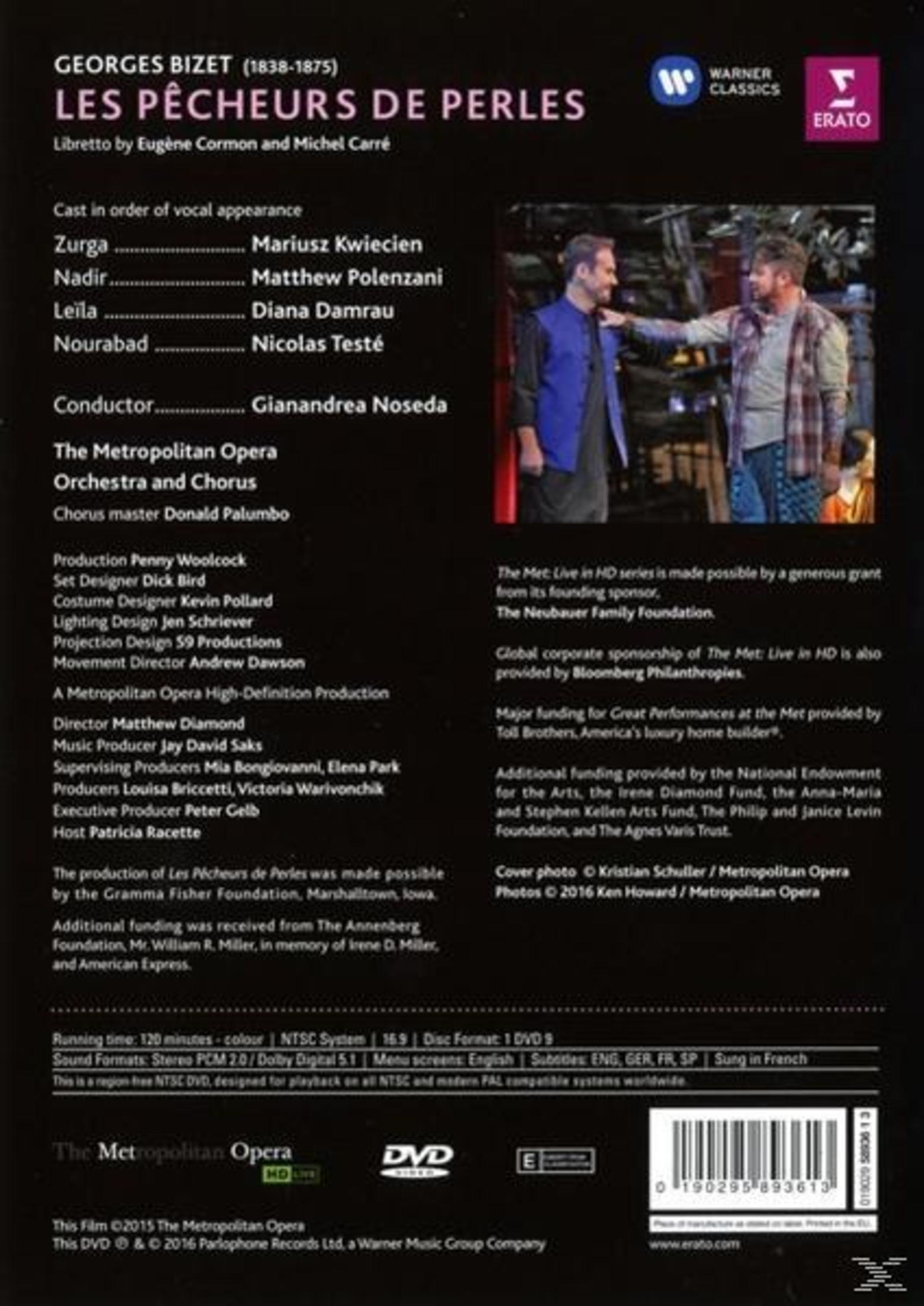 Back of an opera DVD case. Text about the opera 'Les Pêcheurs de Perles' and cast.