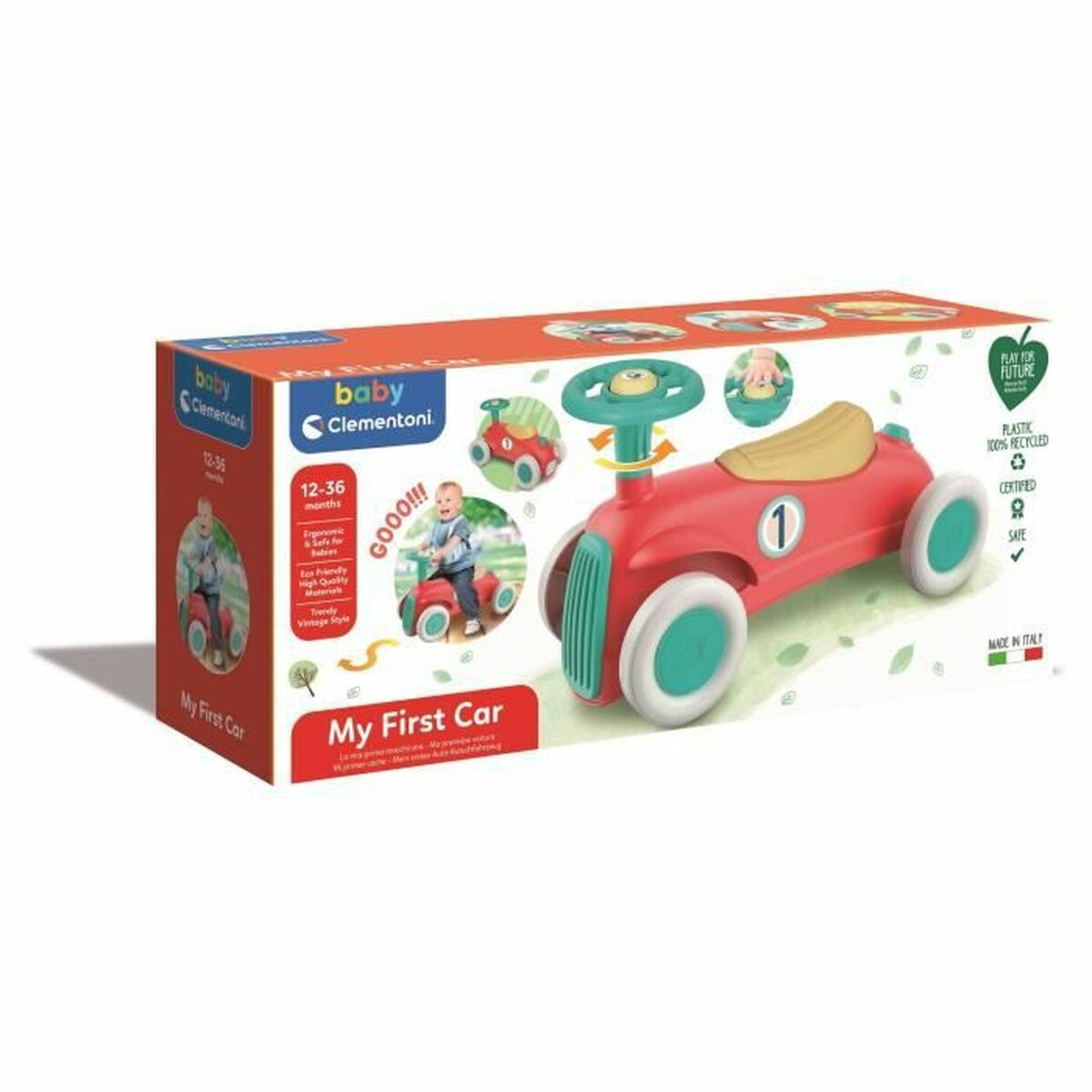 Macchina giocattolo rossa e bianca. Ha un volante e un sedile. Scatola mostra bambino che gioca.