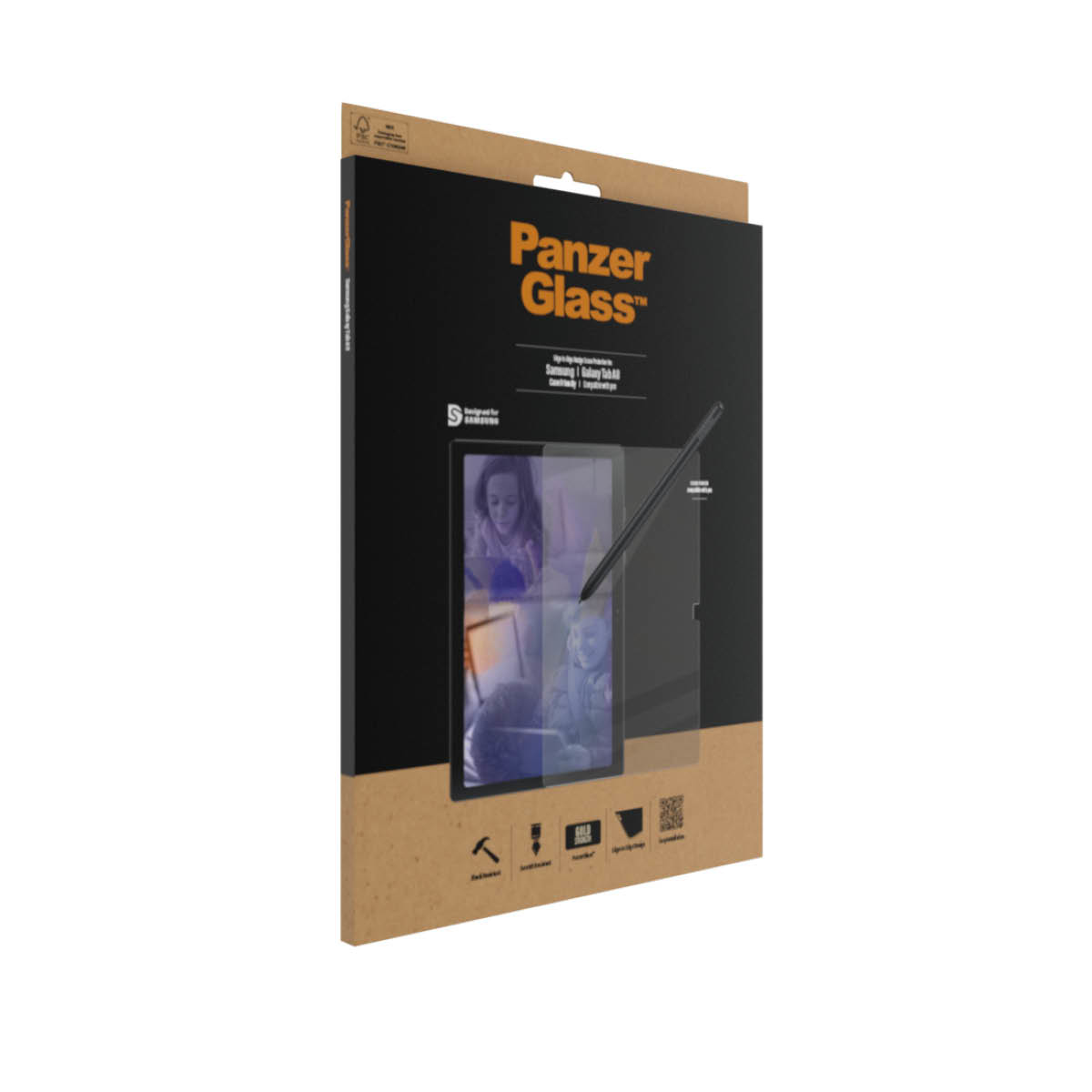 Scatola di PanzerGlass per Samsung Galaxy Tab A8. Colori nero, grigio e marrone.