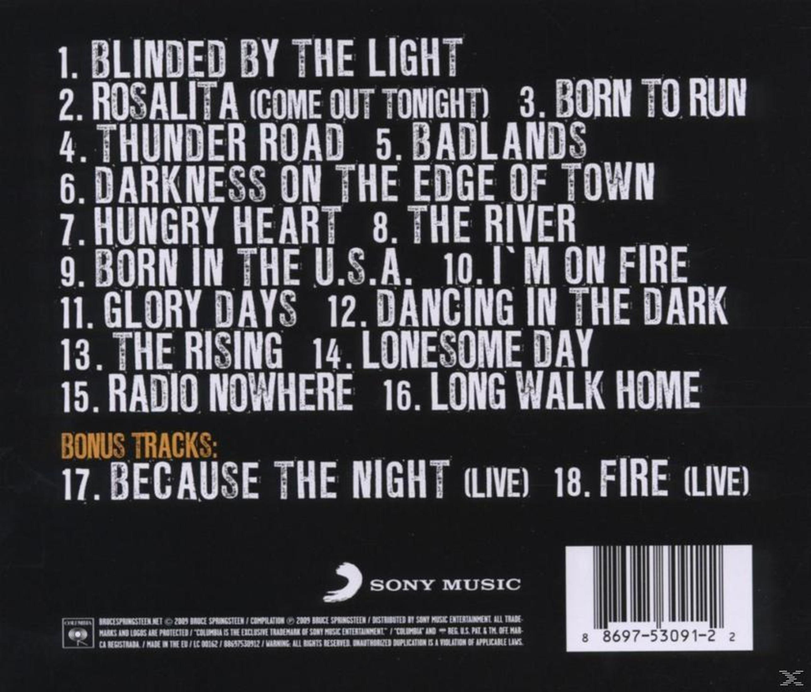Okładka albumu z listą utworów. Tekst: Blinded by the Light, Born to Run...