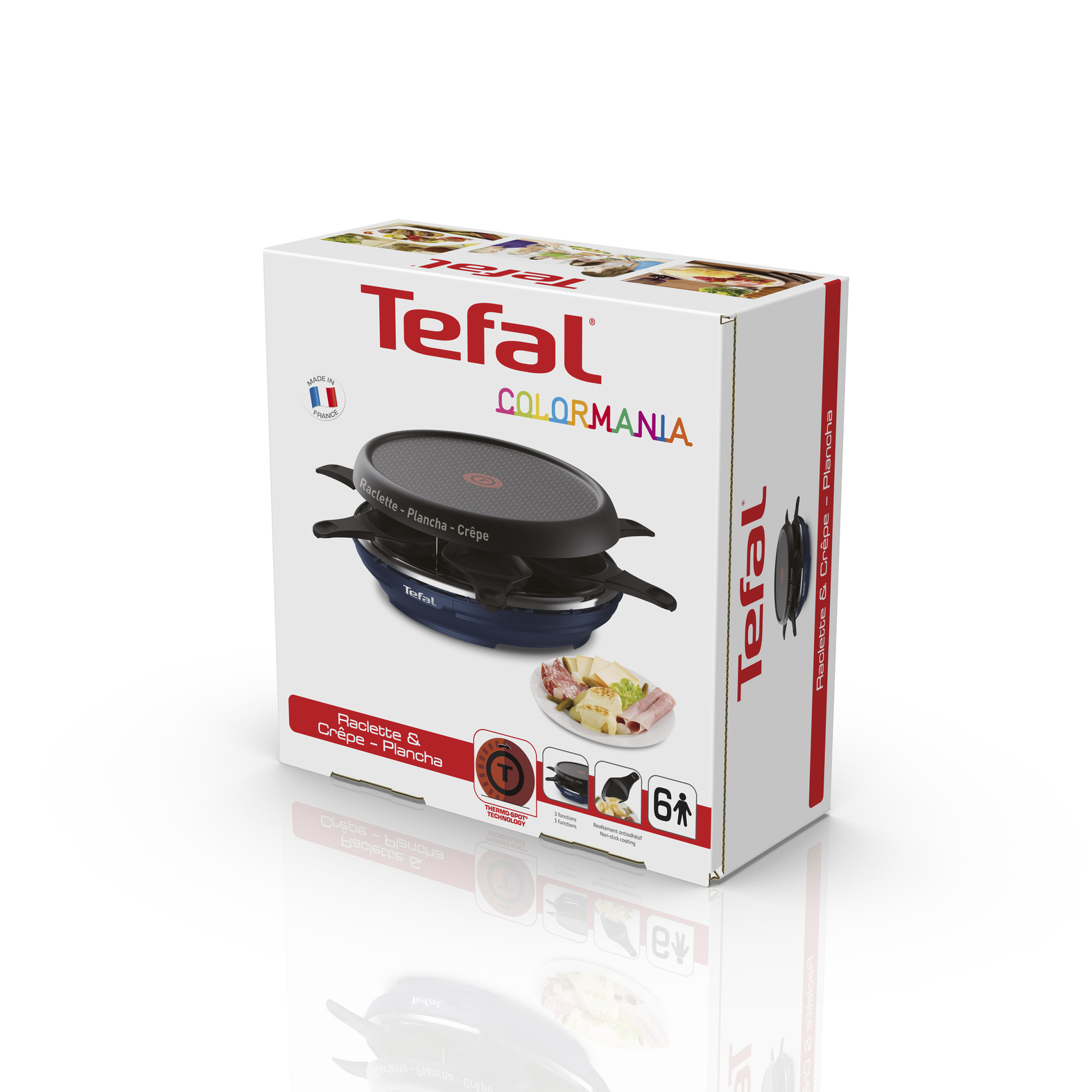 Ein Tefal Raclette- und Crêpes-Maker in seiner Box. Die Box ist weiß mit dem Produktbild.