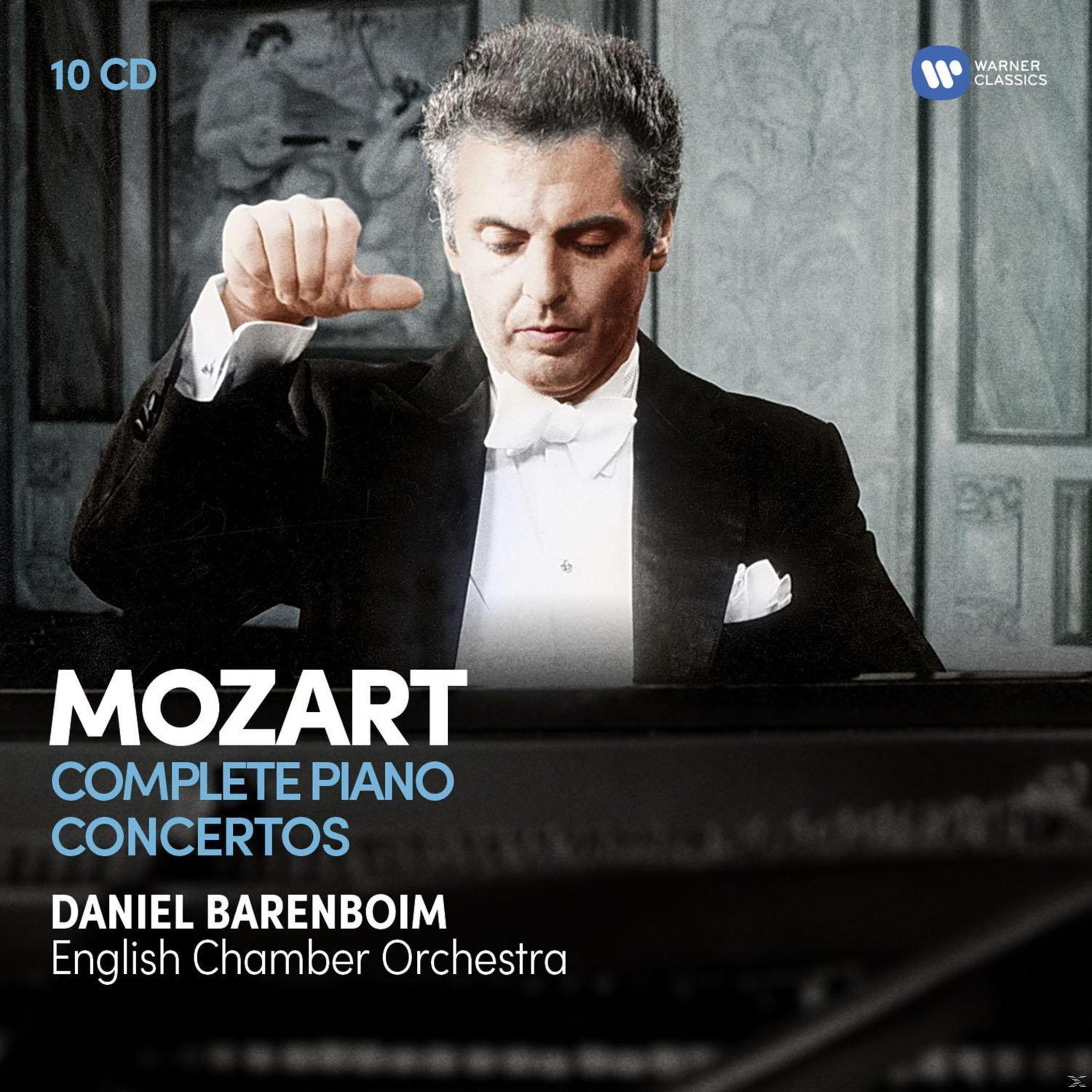 Albumhoes met een man op de piano, tekst: Mozart, Complete Piano Concertos.