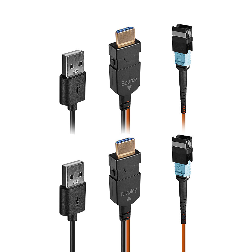 Wiele kabli: USB do HDMI i kable światłowodowe, z odpowiednimi złączami.