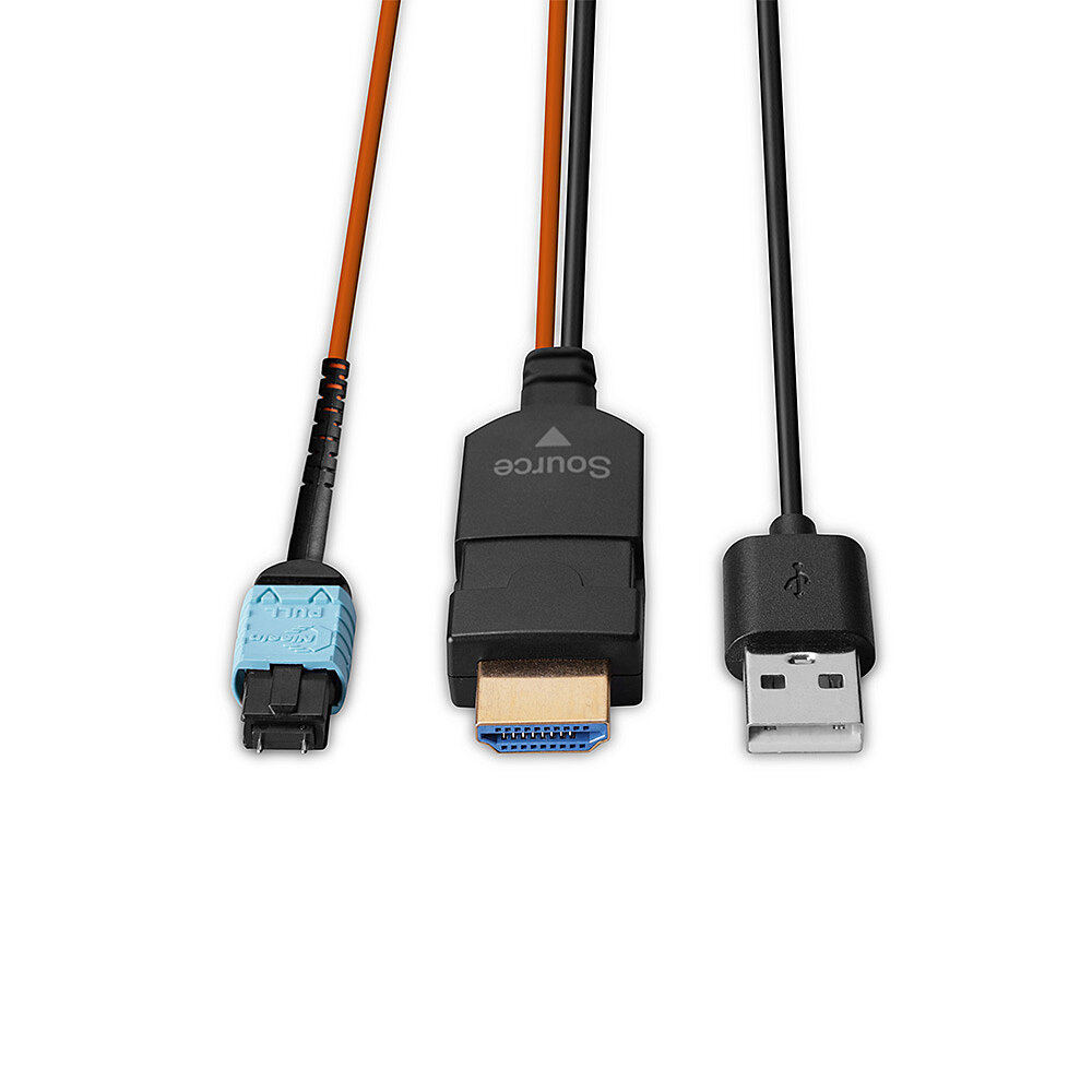 Trzy kable: USB i HDMI ze złączami. Źródło i Wyświetlacz są oznaczone na kablu.