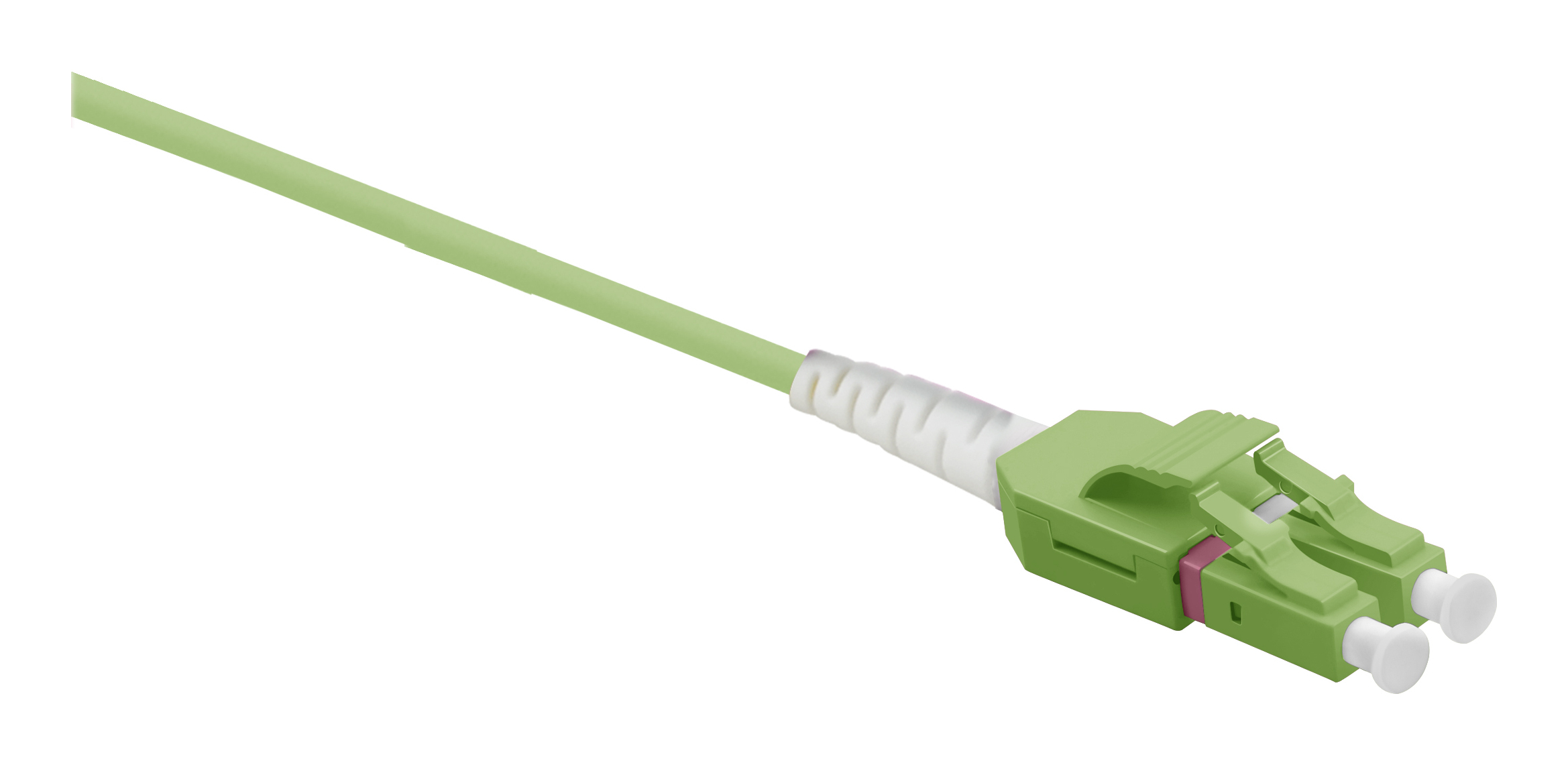 Cavo in fibra ottica verde. Il cavo ha connettori verdi su entrambe le estremità. Sfondo bianco.