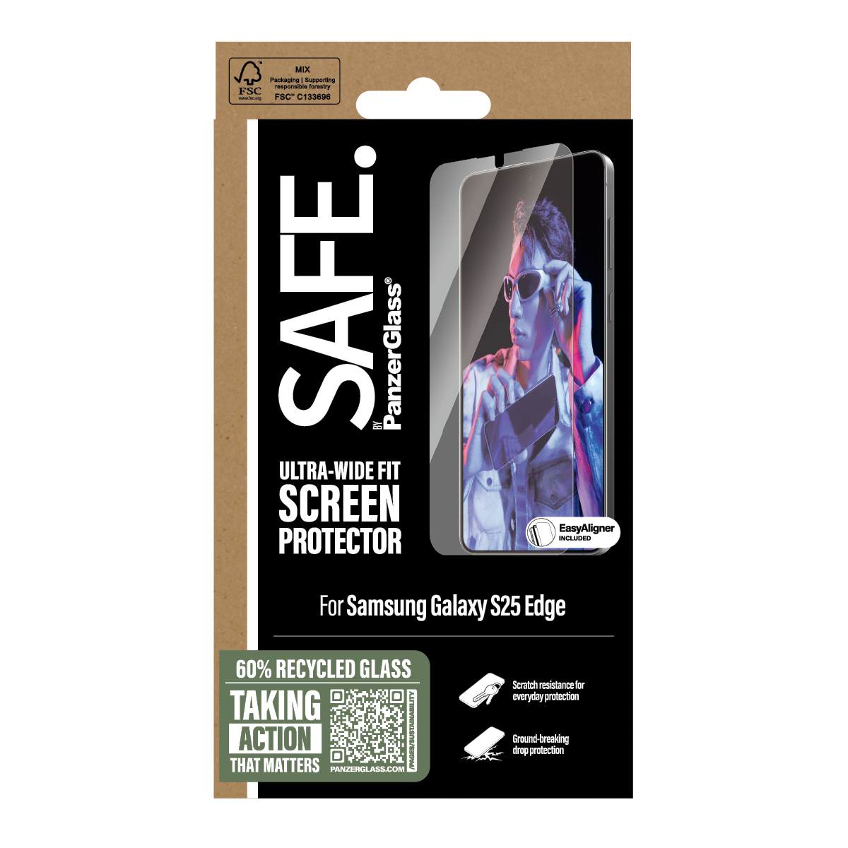 Confezione del proteggi schermo con immagine di persona con occhiali da sole. Testo: SAFE, Protezione schermo Ultra-Wide Fit, Per Samsung Galaxy S25 Edge.