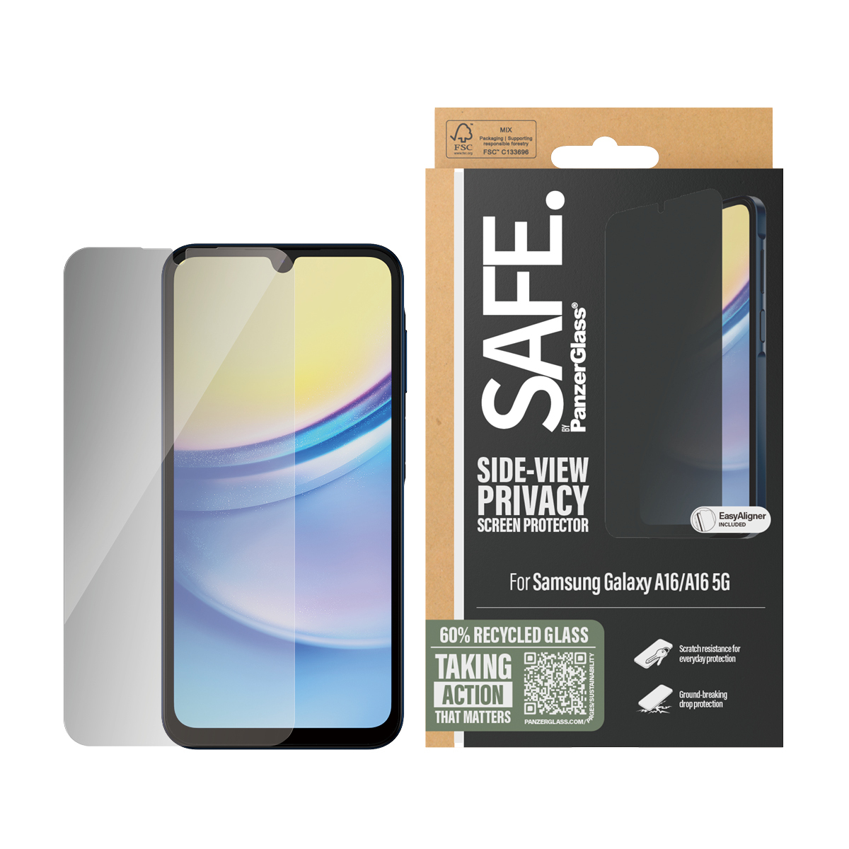 Telefono Samsung con protezione schermo privacy e confezione.