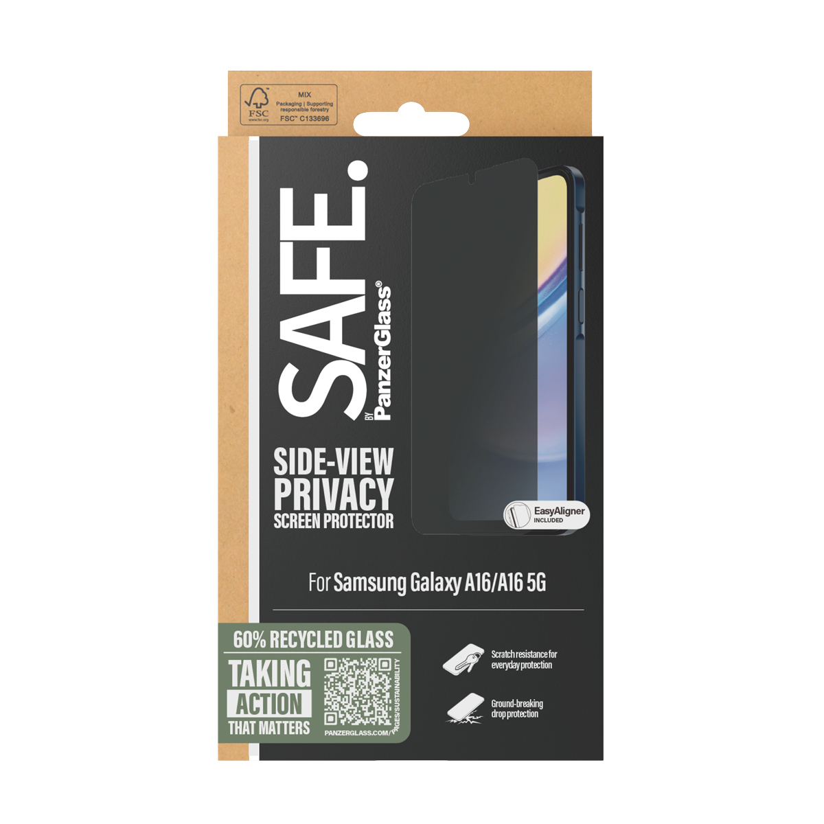 Una confezione con una protezione schermo per un Samsung Galaxy A16/A16 5G. La confezione è in bianco e nero.