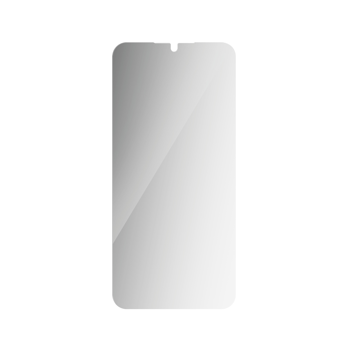 Una protezione schermo grigia per un telefono, con una tacca superiore, su sfondo bianco.