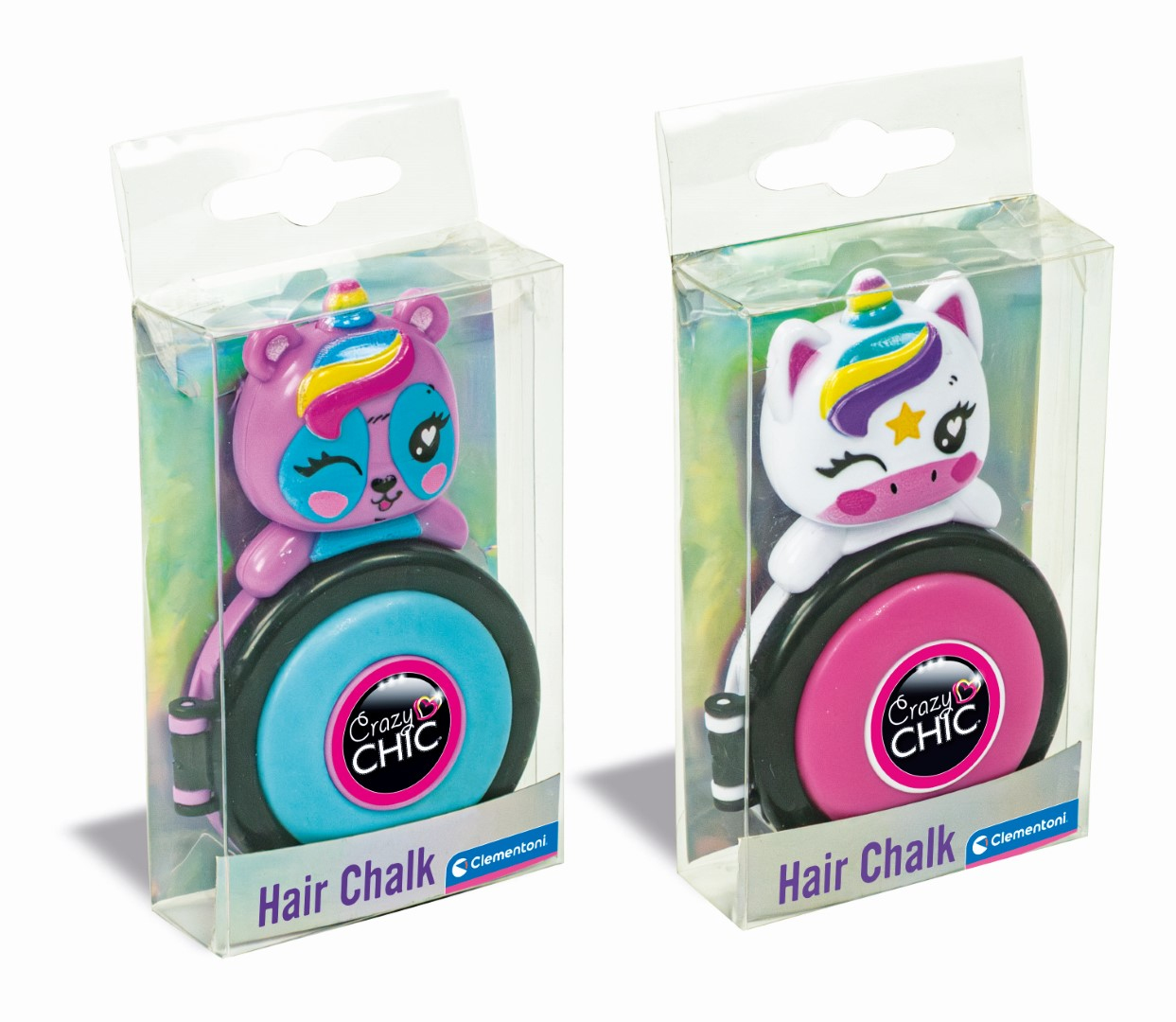 Dwie kredy do włosów z figurkami jednorożca i misia w przezroczystych opakowaniach.