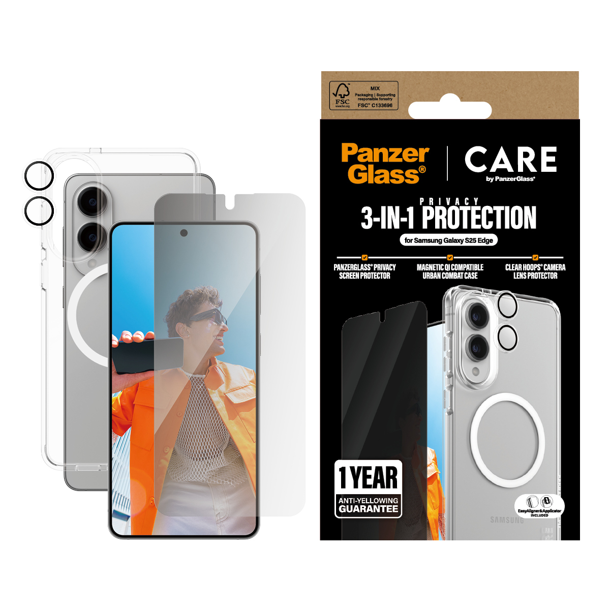 Una custodia per telefono, protezione schermo e un telefono con custodia e protezione nella scatola.