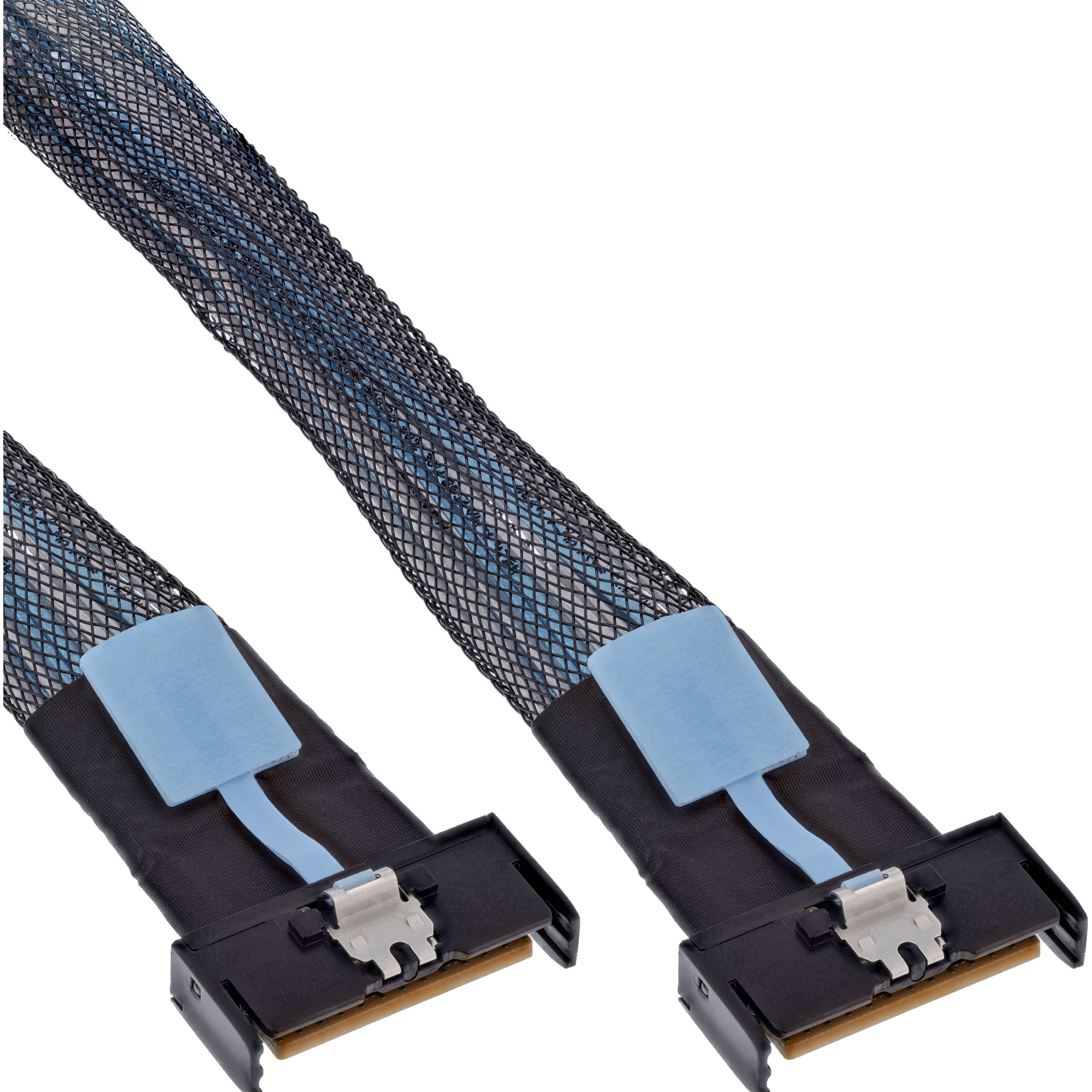Due cavi neri e blu con connettori alle estremità, su sfondo bianco.