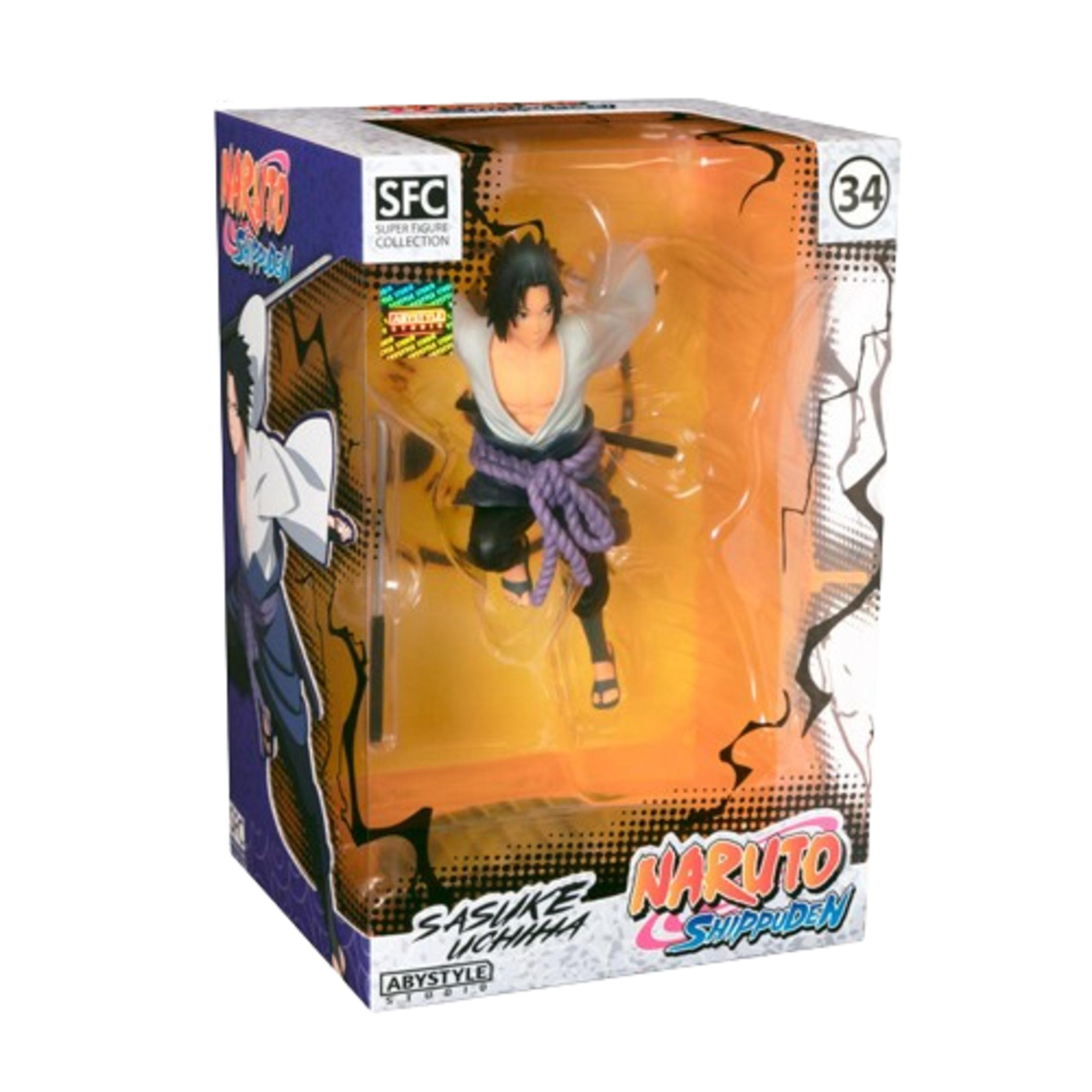 Una figura de Naruto Sasuke en una caja, con un diseño colorido y el logo de Naruto Shippuden.