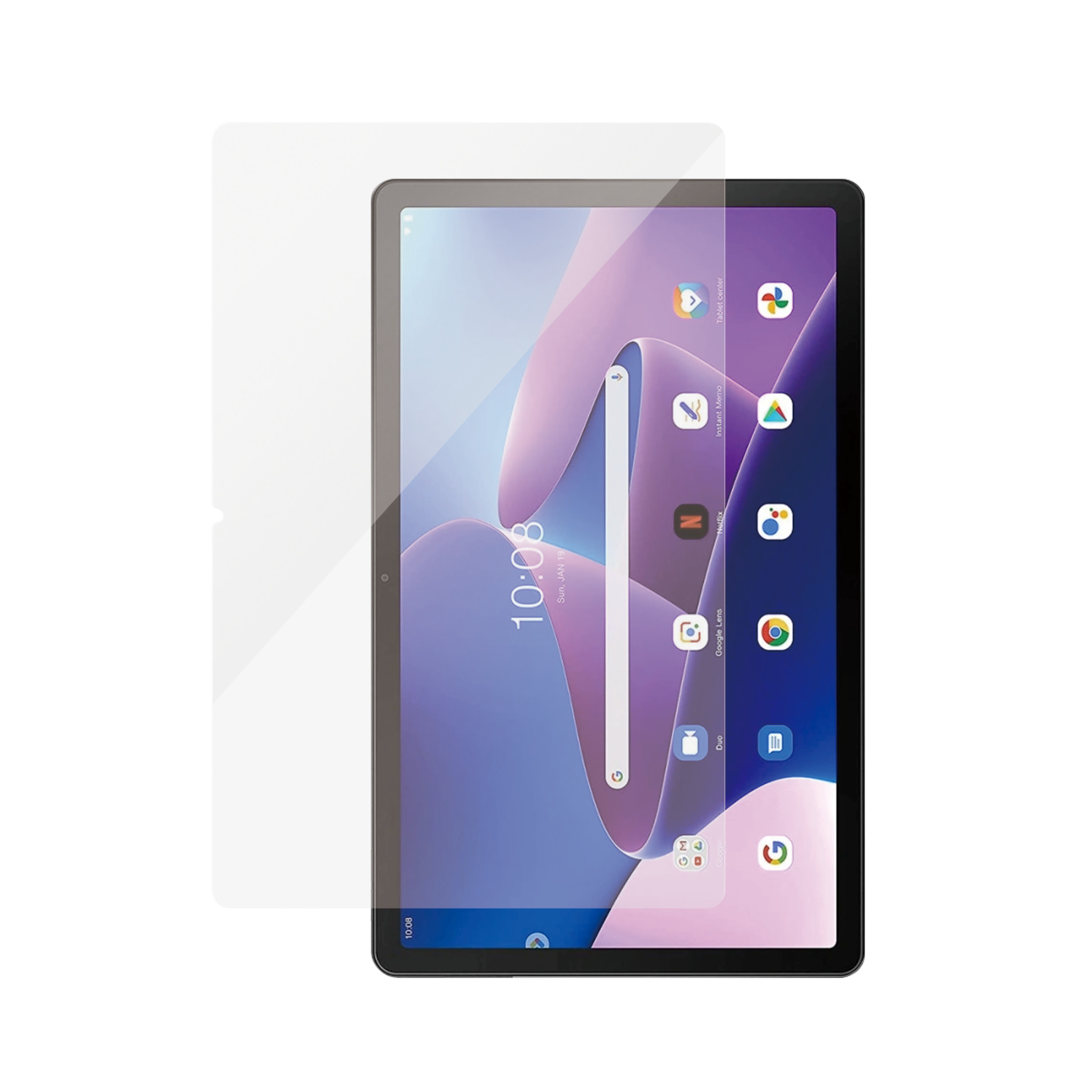 Tablet con protezione schermo applicata. Lo schermo mostra icone di app colorate. Sfondo bianco.