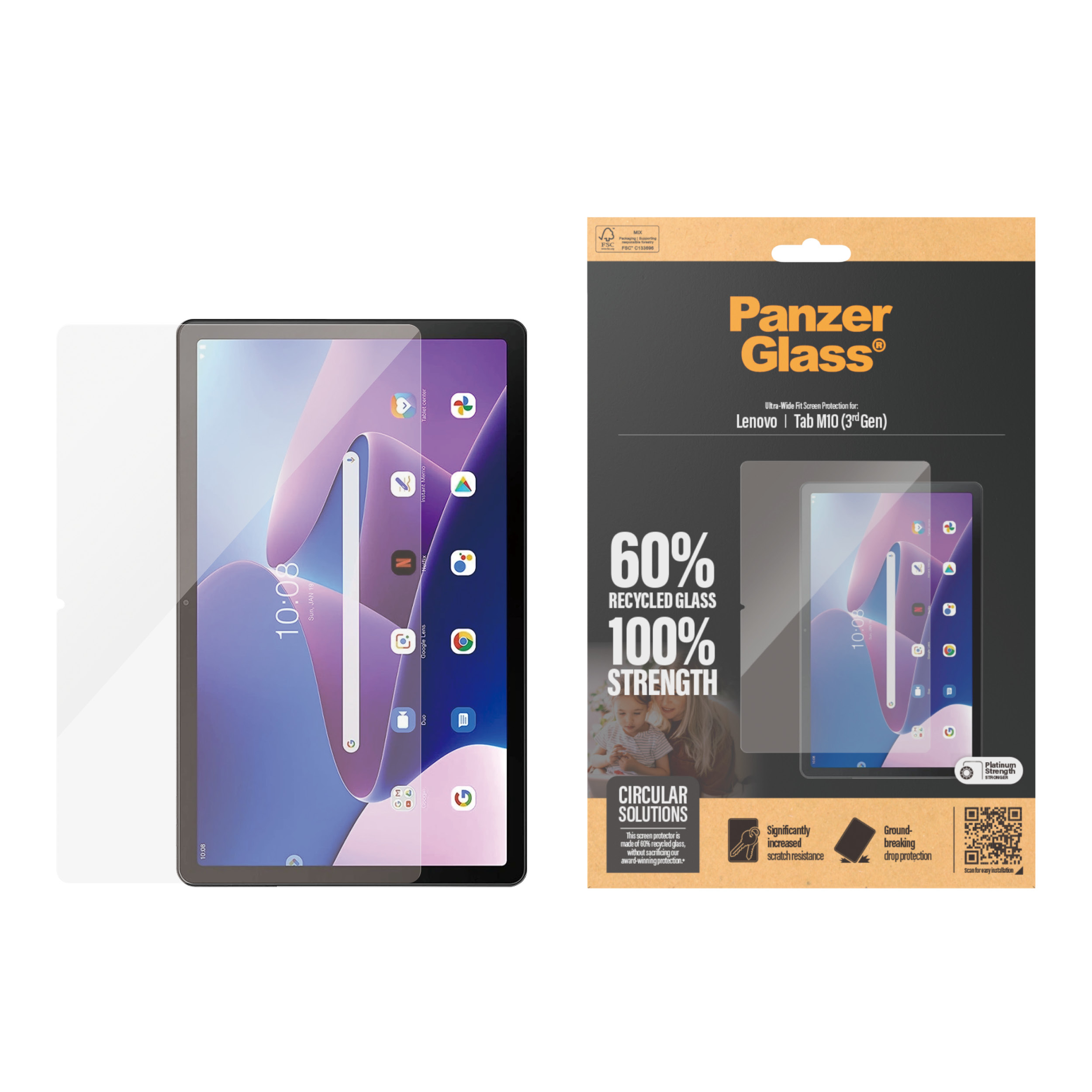 Tablet con protezione schermo e confezione. Sulla confezione: PanzerGlass, 60% vetro riciclato, 100% resistenza.