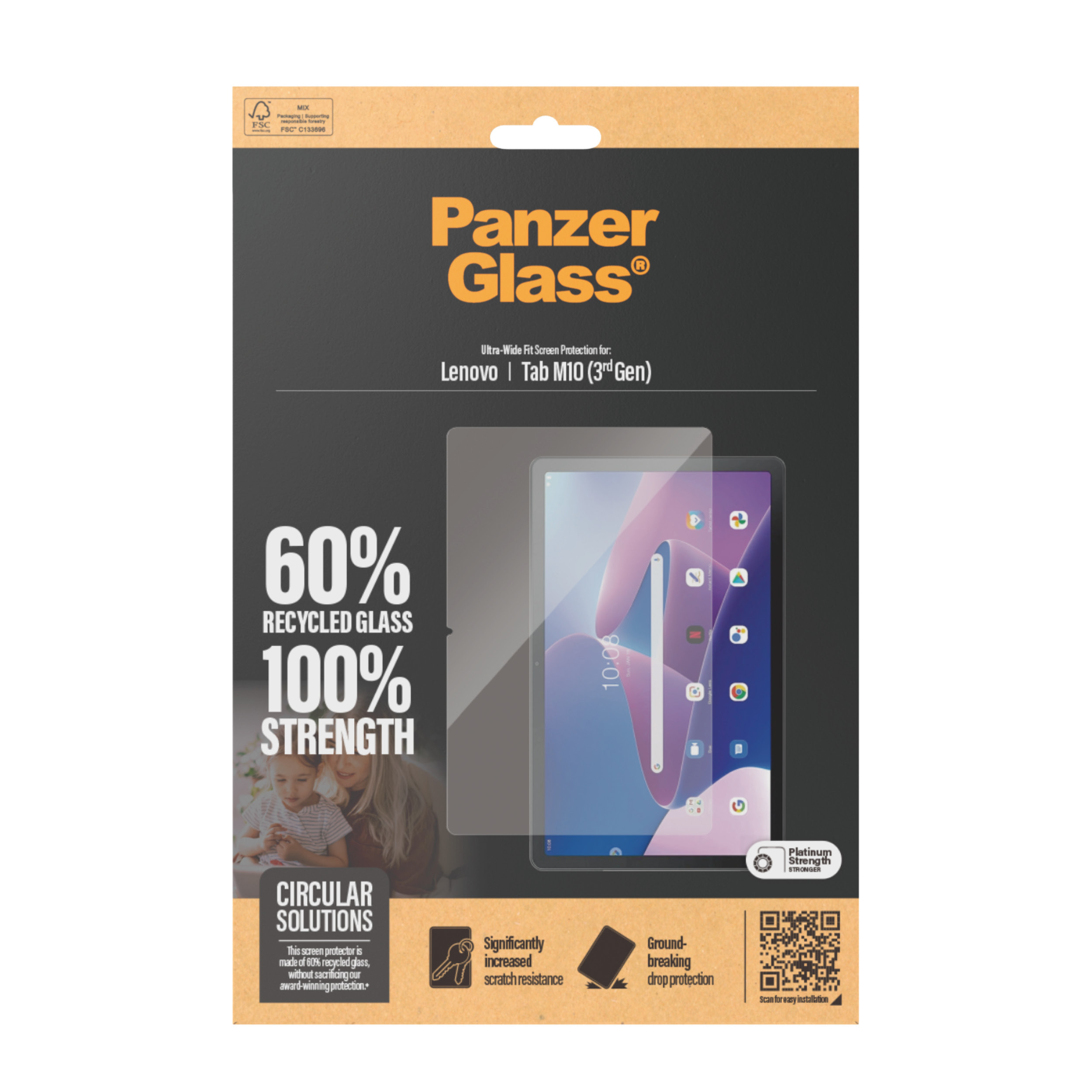 Confezione con protezione schermo. Testo: PanzerGlass, 60% vetro riciclato, 100% resistenza. Immagine di un tablet.