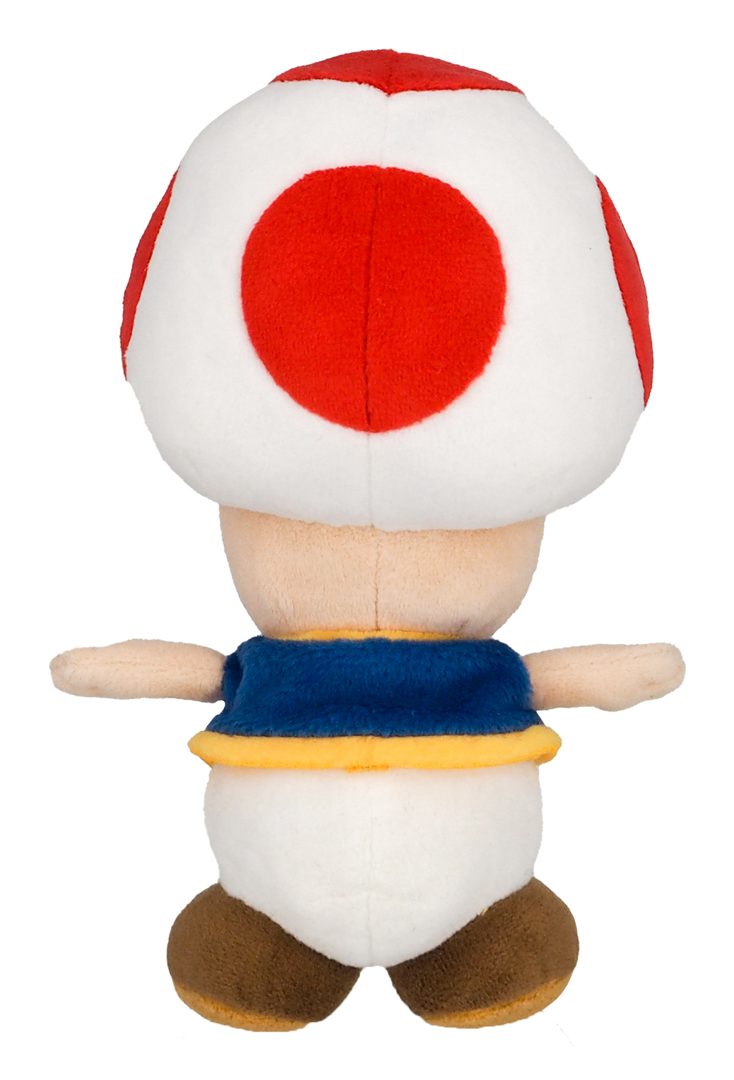 Pluszowa zabawka Toada z Mario. Jest biały z czerwonymi plamami i niebieską kamizelką.