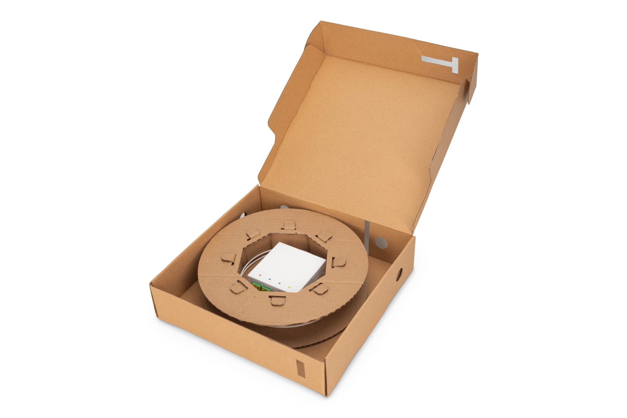 Szpula kablowa z białym kablem w kartonowym pudełku z białą skrzynką.