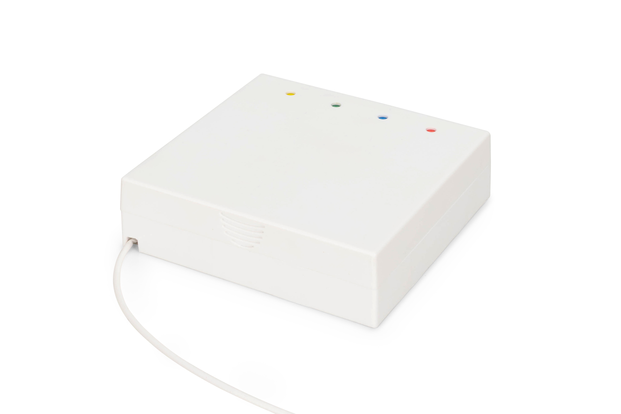 Białe prostokątne urządzenie z trzema lampkami kontrolnymi i kablem. Tło jest białe.