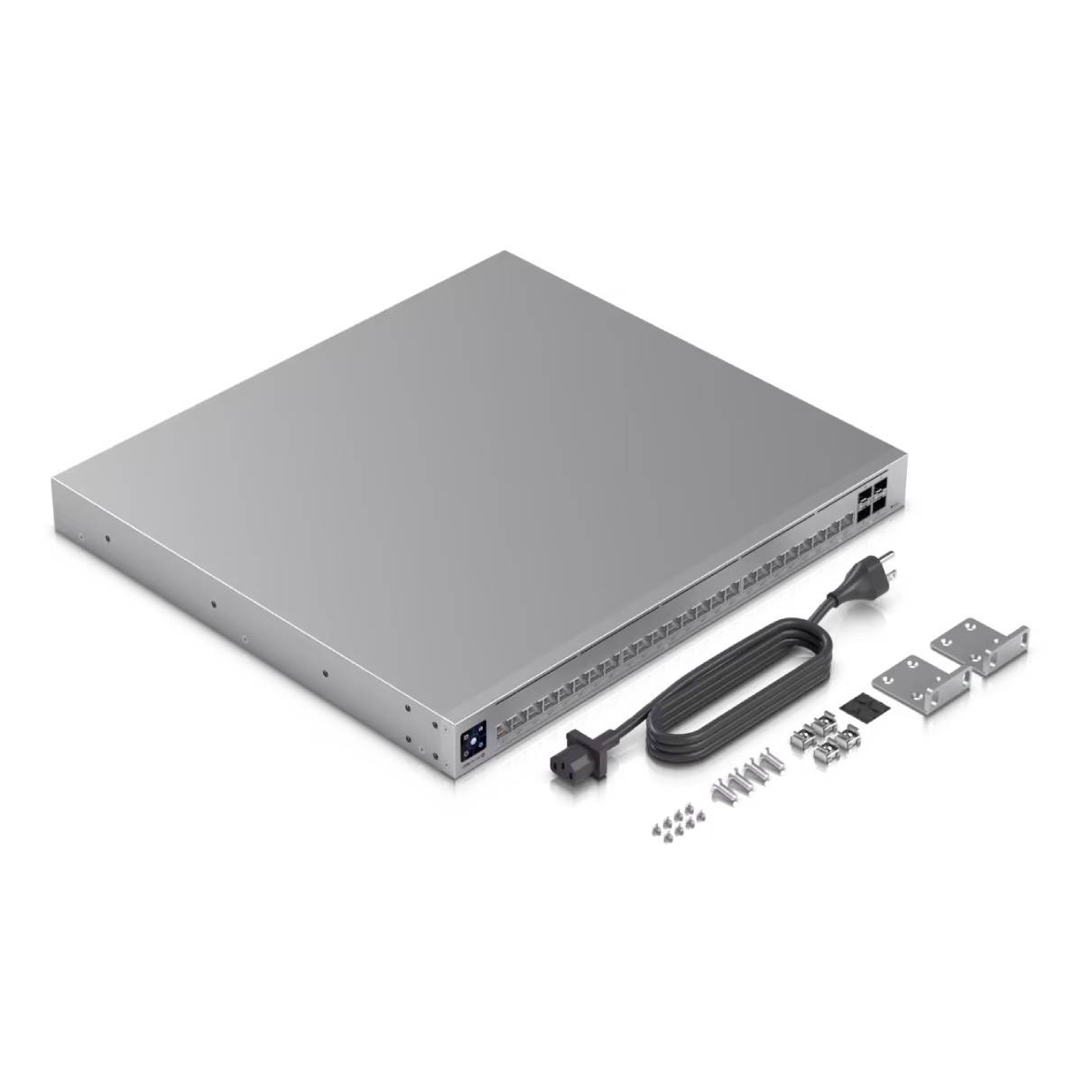 Ein silberner Netzwerk-Switch mit einem Netzkabel und Schrauben auf weißem Hintergrund.
