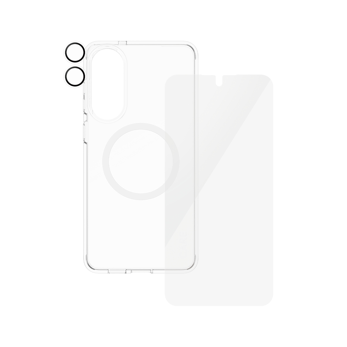 Telefon z przezroczystym etui i ochraniaczem ekranu. Tło jest białe.