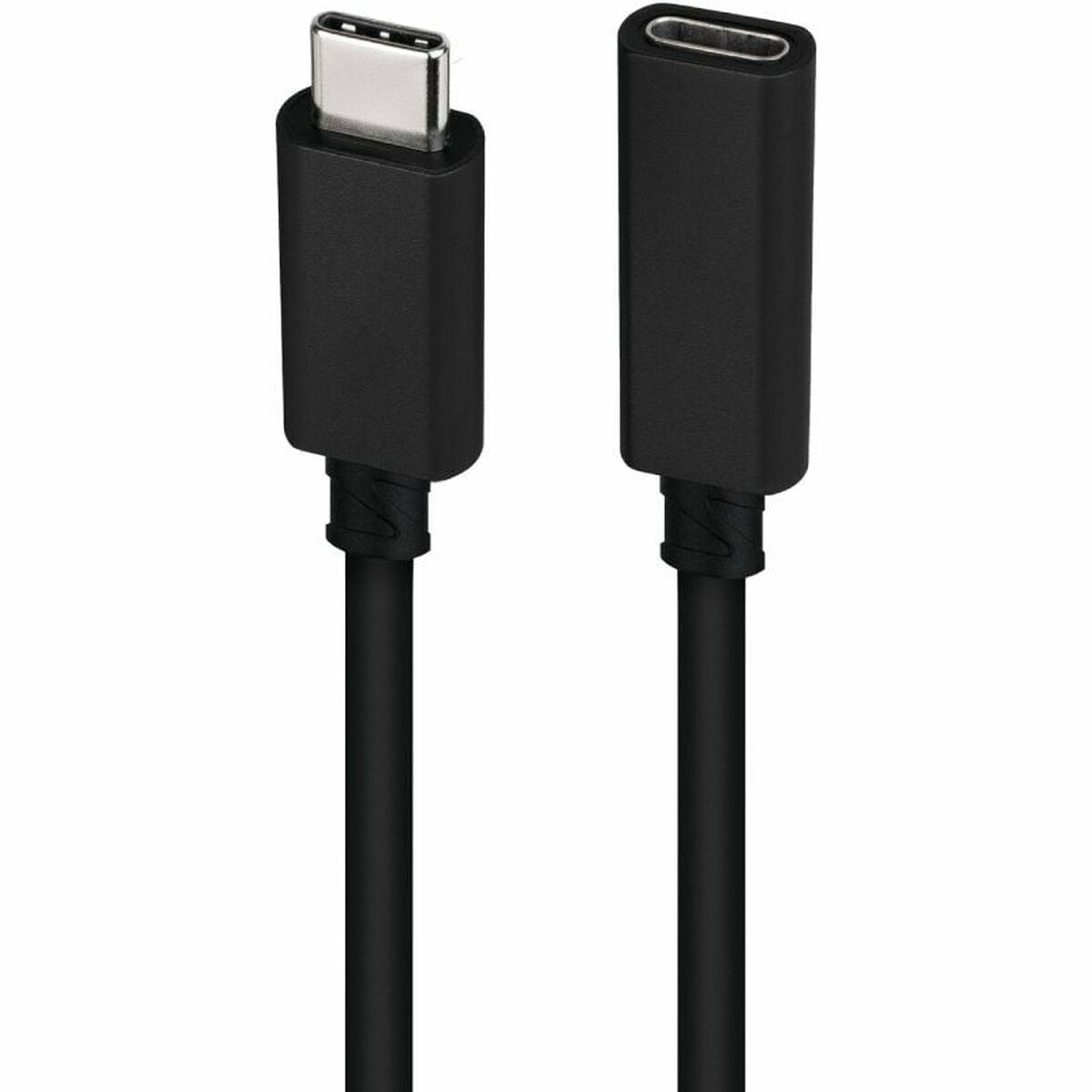 Un cavo di ricarica nero con due connettori. Lo sfondo è bianco.