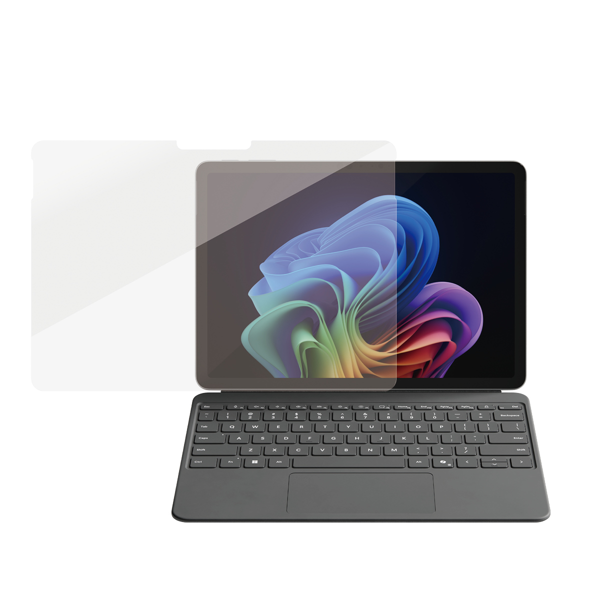 Laptop z ochraniaczem ekranu i klawiaturą. Ochraniacz jest przezroczysty.