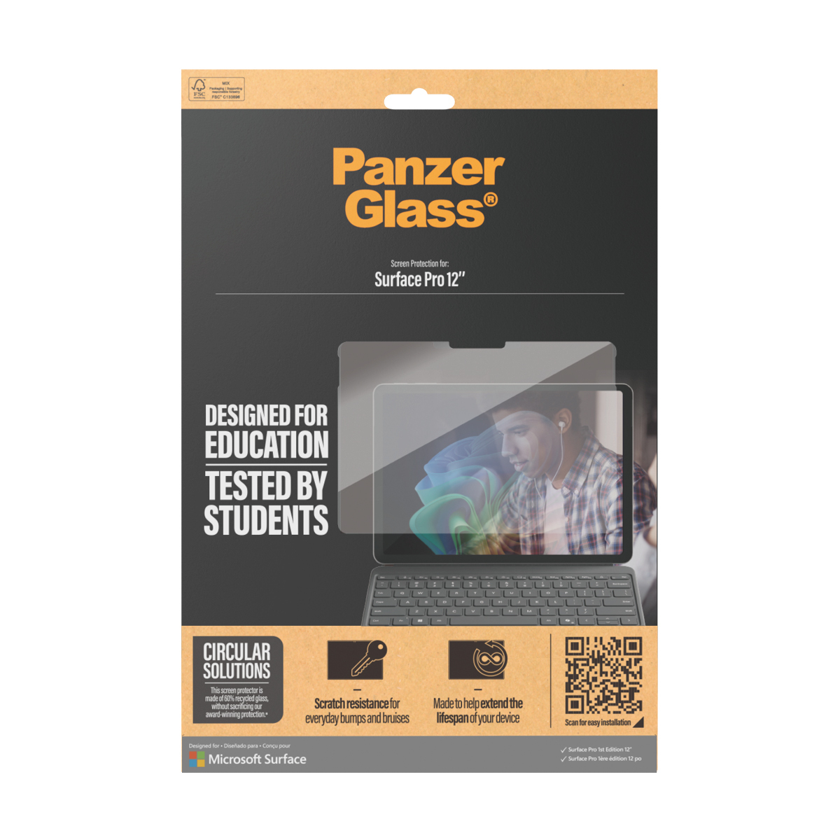 Pudełko na ochronę ekranu Surface Pro 12. Zawiera tekst o edukacji i studentach.