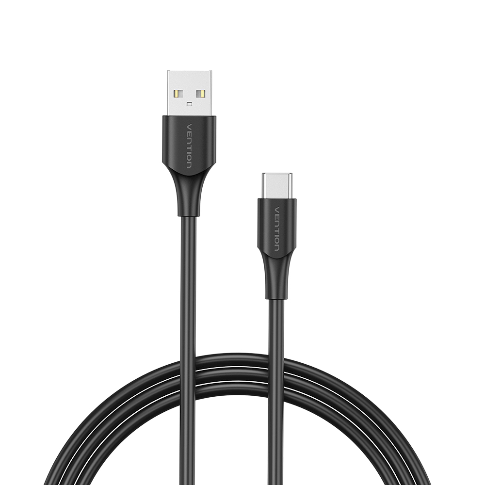 Cavo USB-A a USB-C nero. Entrambe le estremità sono visibili, con il logo 'VENTION'.