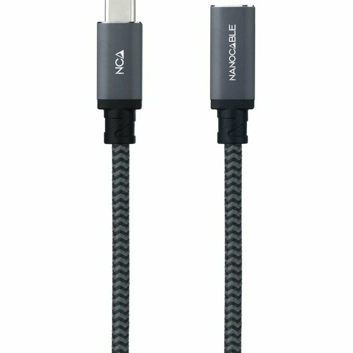 Twee USB-C-kabels. Donkergrijs met zwart visgraatpatroon. Grijze connectoren met labels aan de uiteinden.