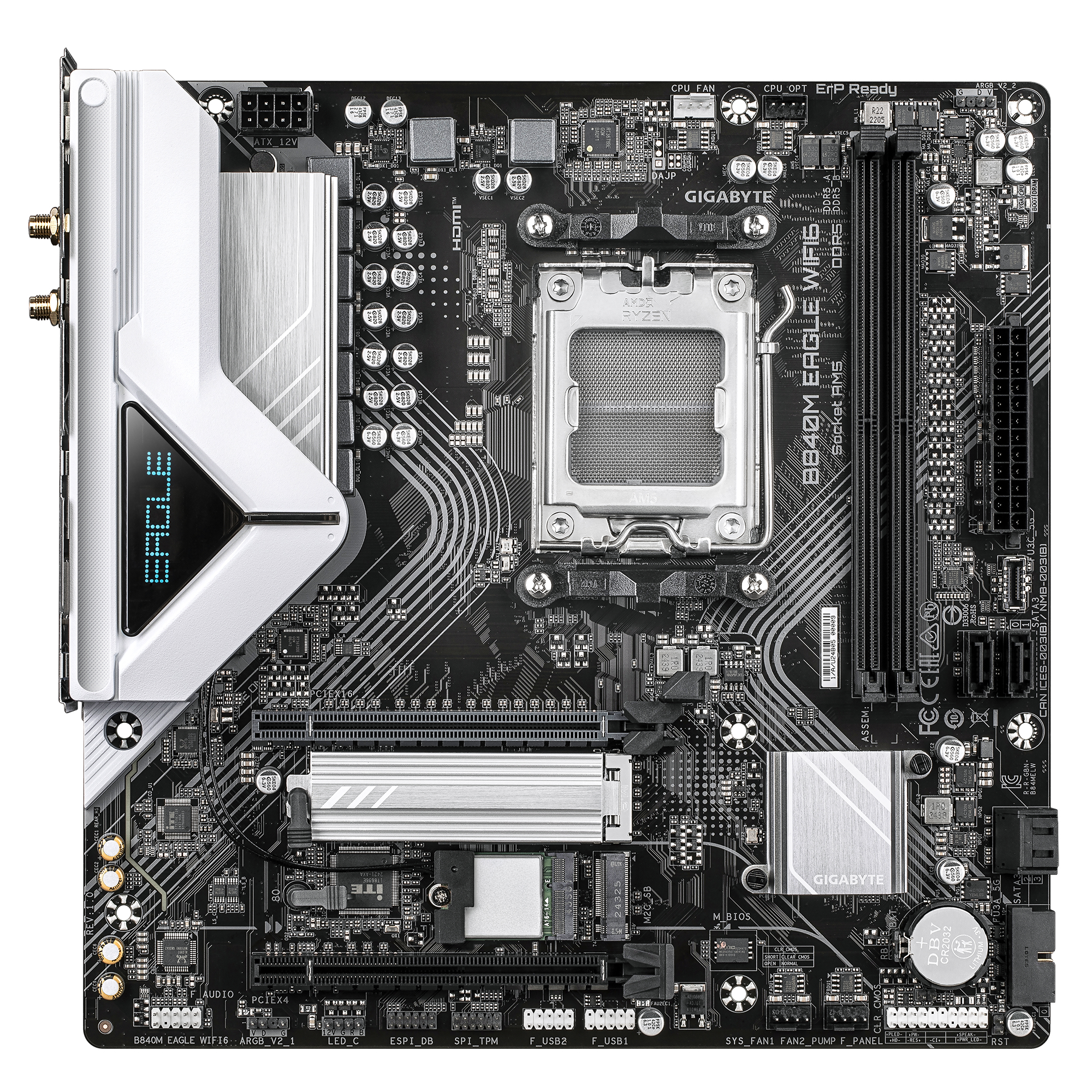 Scheda madre Gigabyte B640M Eagle WIFI in bianco e nero, con vari componenti visibili.