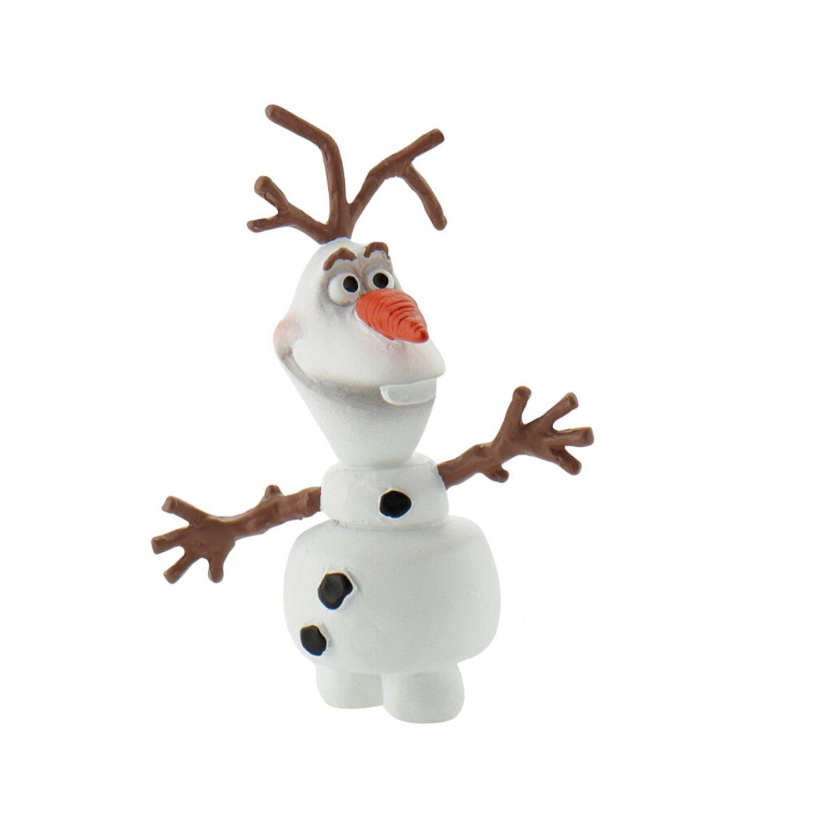 Olaf, un pupazzo di neve di Frozen, sorride, con naso a carota e braccia di legno marrone, sfondo bianco.