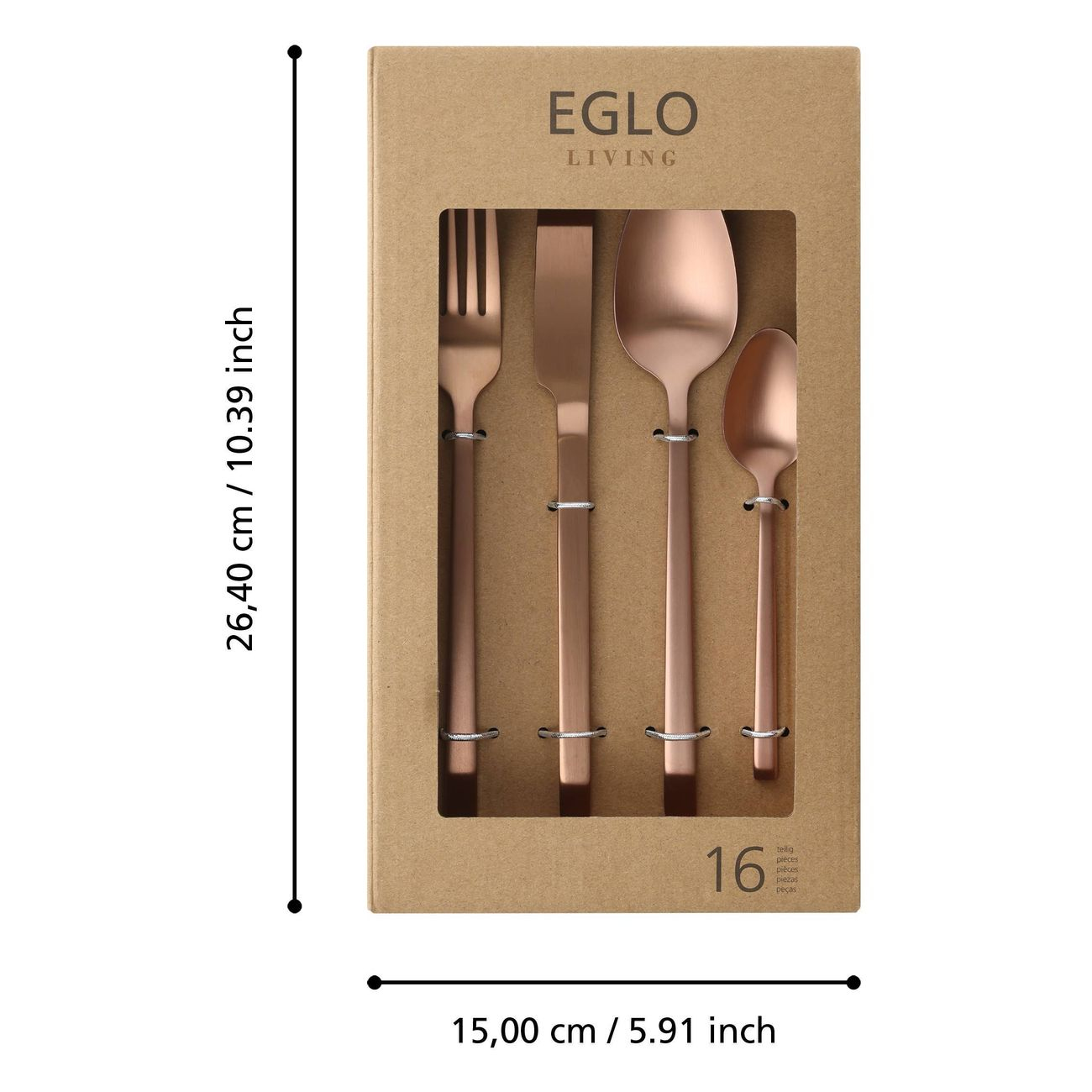 Set di posate color rame in una scatola, tra cui forchetta, coltello, cucchiaio e cucchiaino, marchio EGLO.