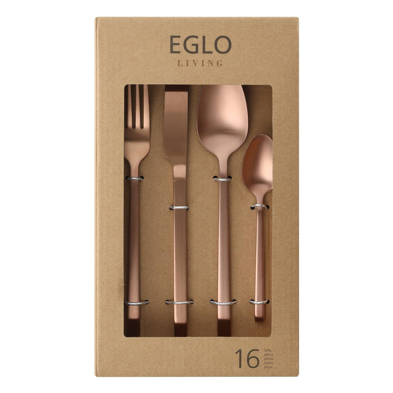 Set di posate color rame in scatola, tra cui forchetta, coltello, cucchiaio e cucchiaino, marchio EGLO, etichetta 16.