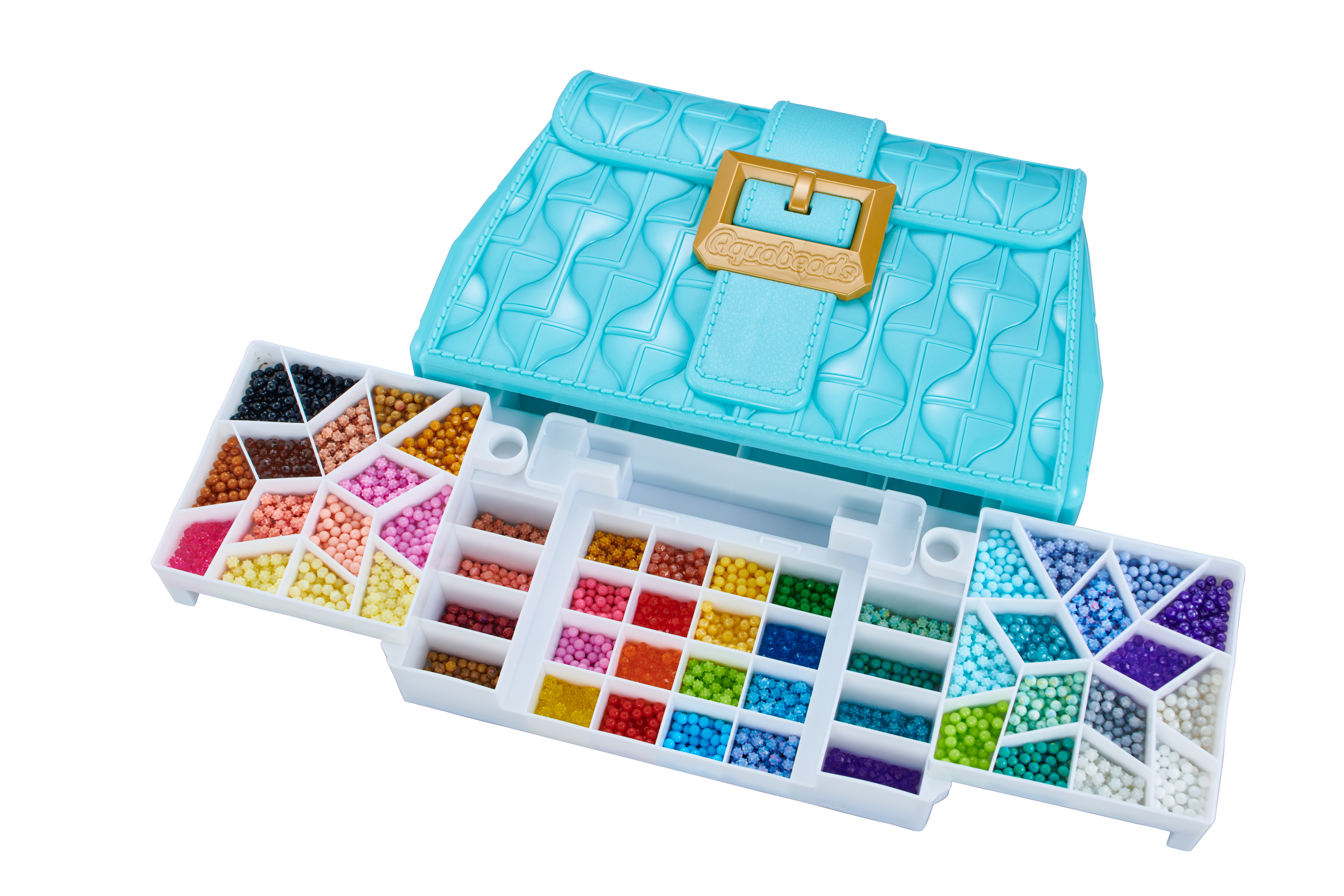Niebieski pojemnik w kształcie torebki z różnokolorowymi koralikami w osobnych przegródkach.