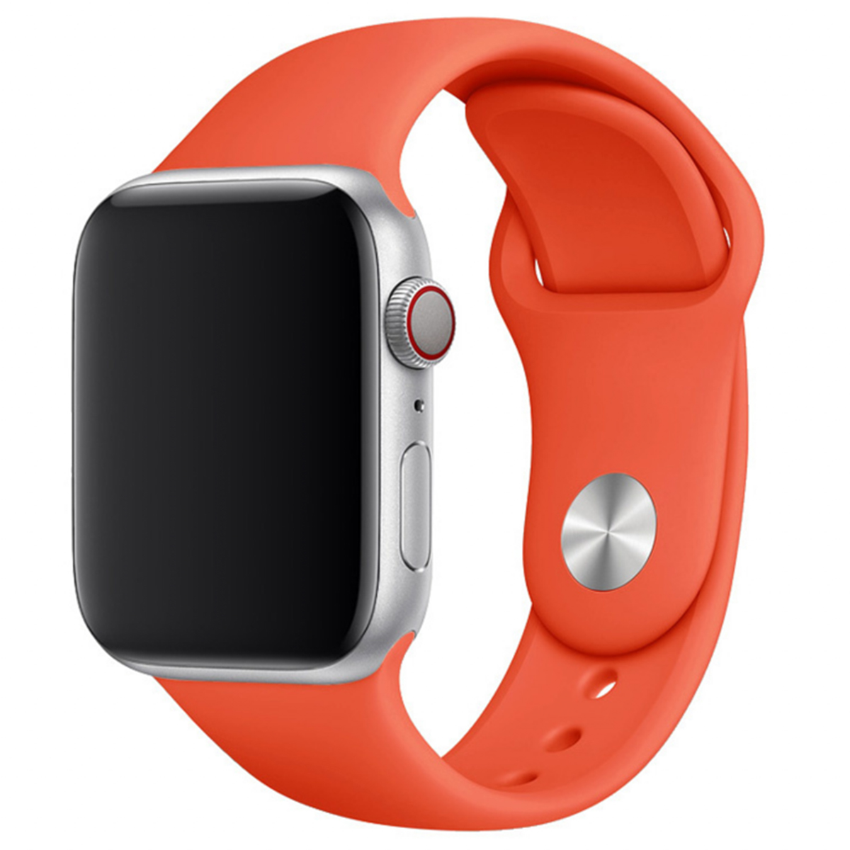 Apple Watch z pomarańczowym paskiem, widok z boku, srebrna koperta.