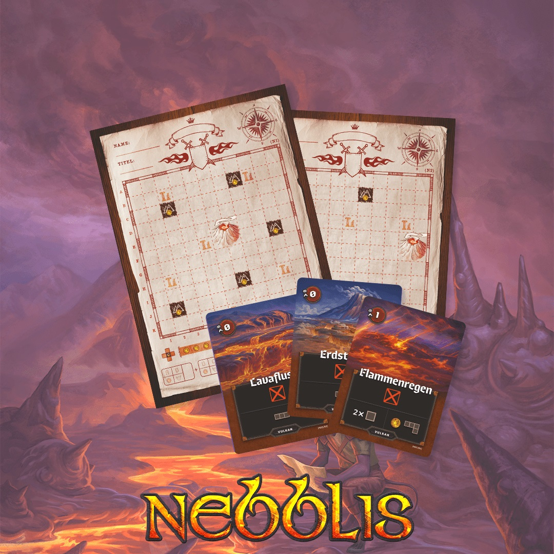 Zwei Spielbretter und drei Karten mit Fantasy-Art und einem Logo mit der Aufschrift 'Nebblis'.