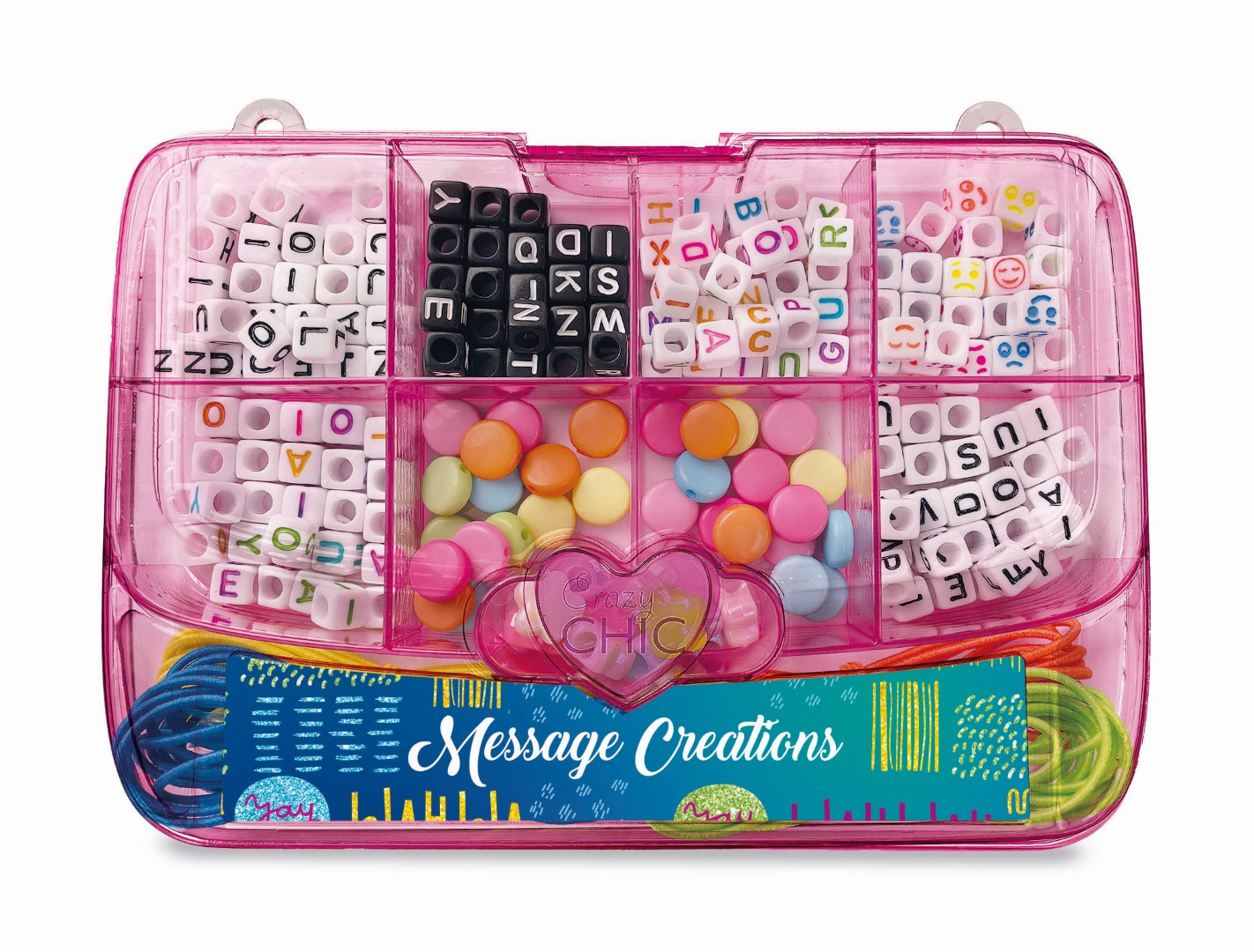 Różowe pudełko z przegródkami na koraliki, litery i kolorowe sznurki do tworzenia wiadomości.