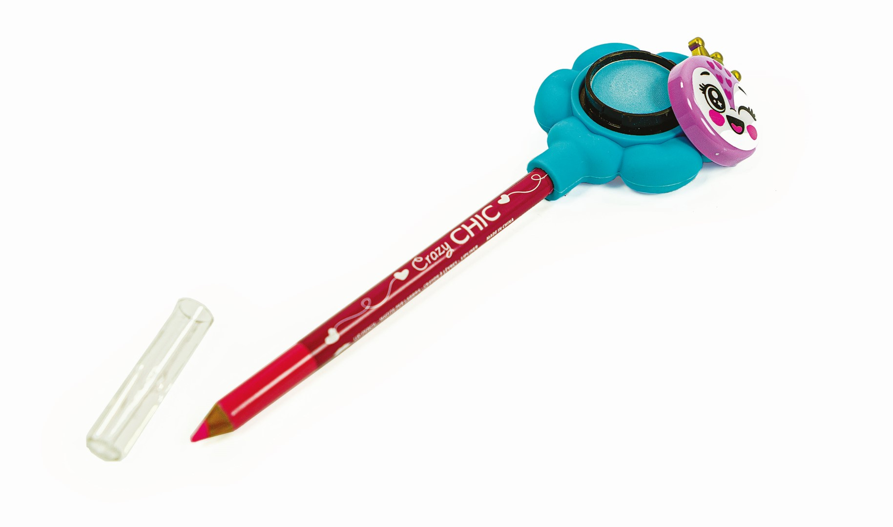 Różowo-czerwona konturówka do ust z niebieskim kwiatkiem na górze i przezroczystą zatyczką z boku.