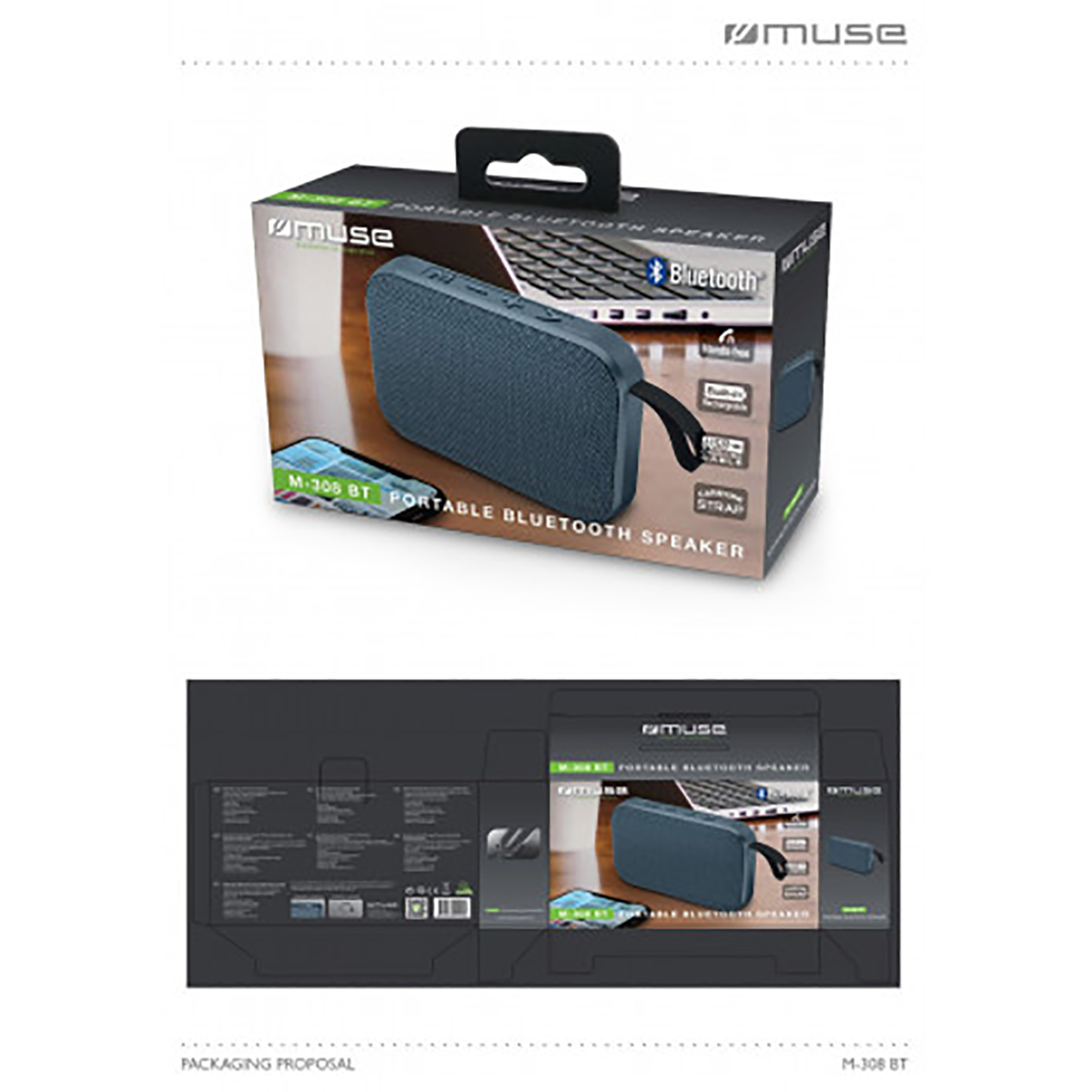 Ein Bluetooth-Lautsprecher in einer blauen Box mit Produkt- und Markennamen.