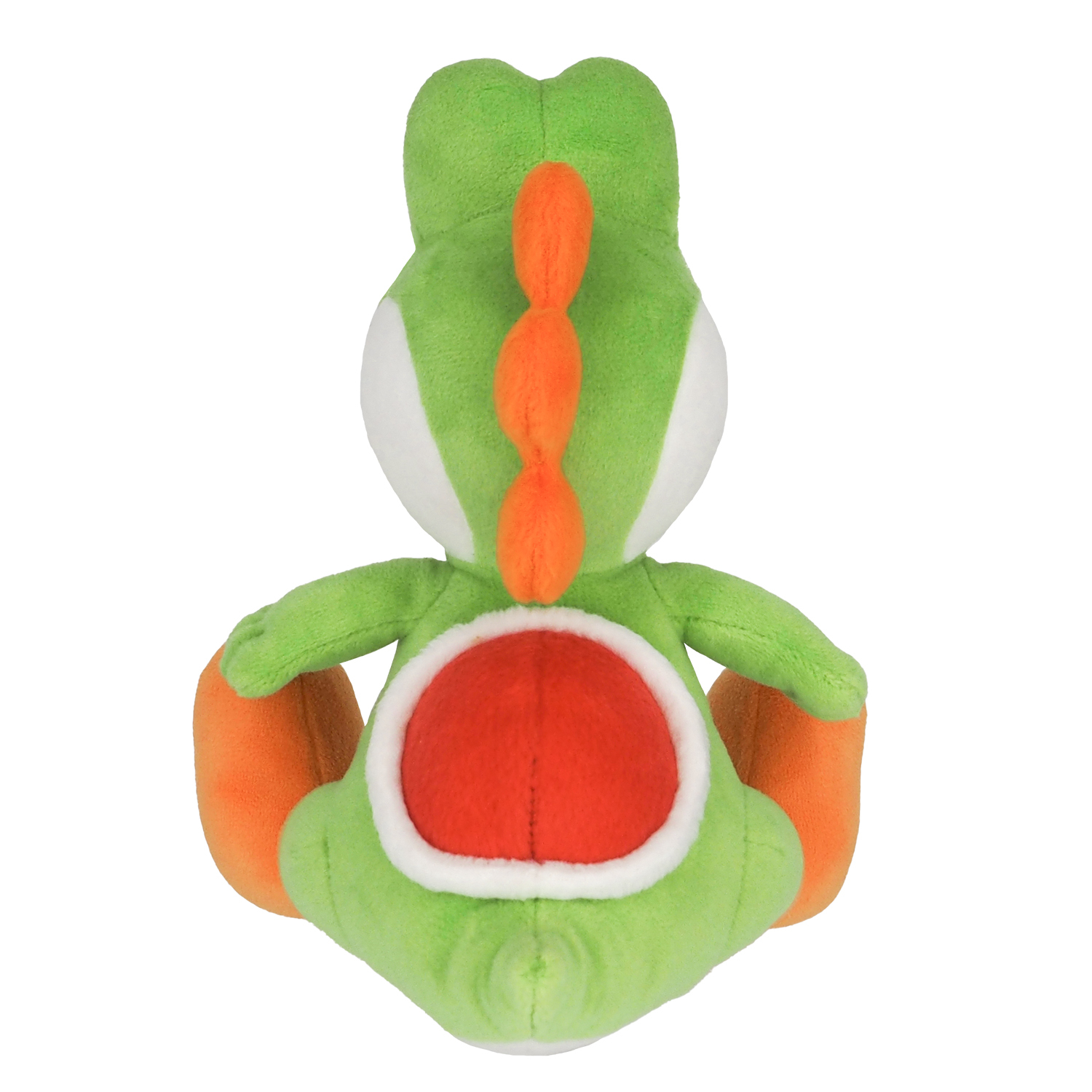 Un peluche di Yoshi, verde con guscio arancione e pancia rossa, visto da dietro.
