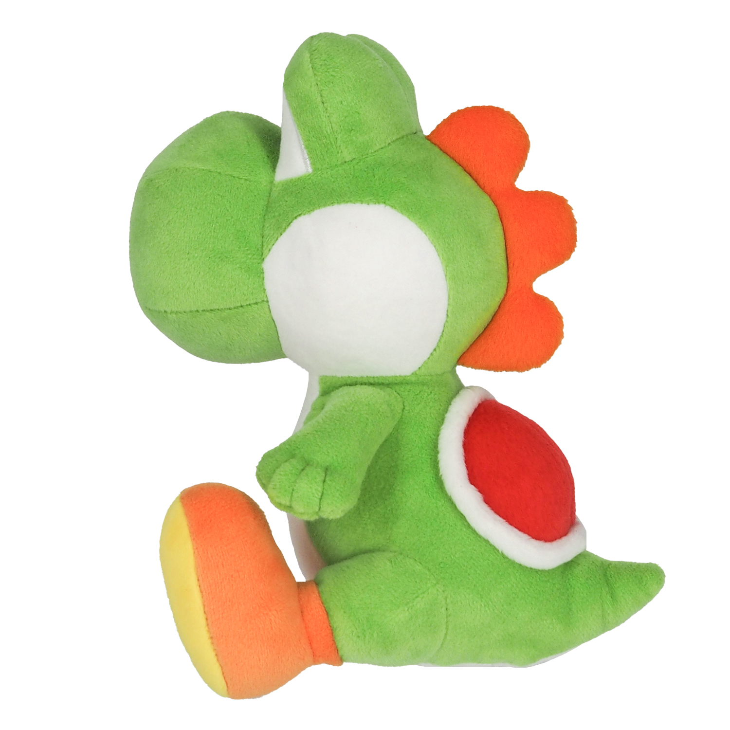 Peluche di Yoshi nei colori verde, bianco e arancione, seduto di lato.