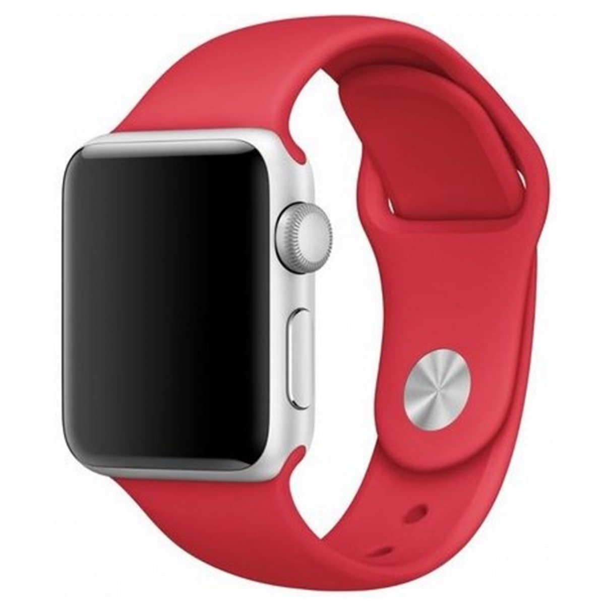 Srebrny Apple Watch z czarnym ekranem, czerwonym paskiem. Zegarek na białym tle.