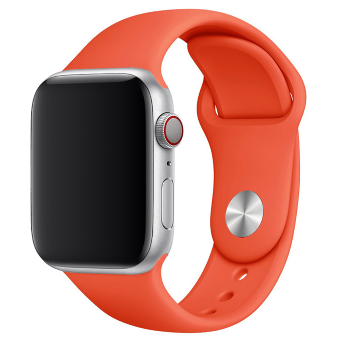 Apple Watch argento con cinturino arancione. Display digitale nero.